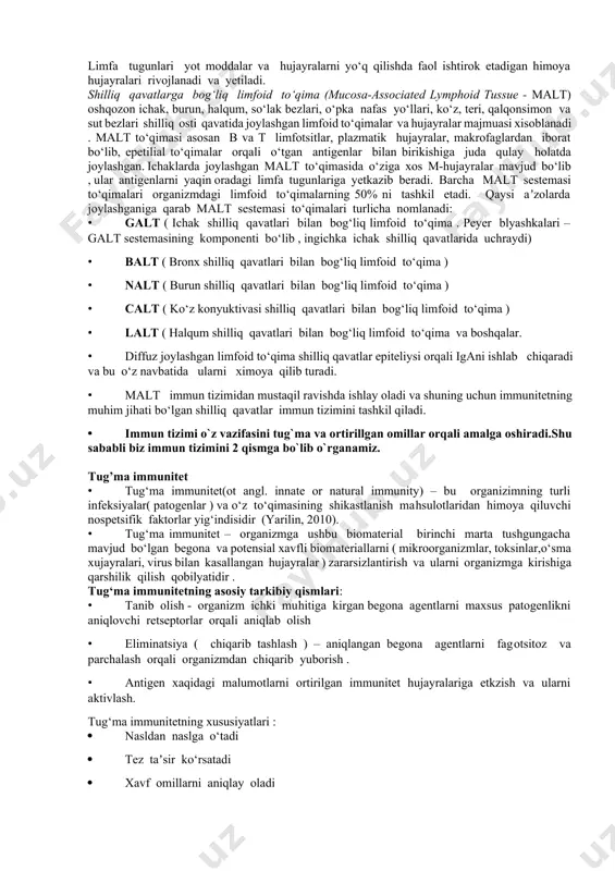 aridan megakarioblast, proeritroblast, meoloblast , monoblastlar paydo bo‘ladi . hujayralar rivojlanish bosqichlarini o‘tish jarayonida megakarioblastlardan - trombotsitlar ,proeritroblastlardan – eritrotsitlar , miyelotsitlardan – granulotsit hujayralar ( neytrofillar, bazofillar , eozinofillar ) , miyeloblastlardan dastlab monotsitlar keyin to‘qimalarga borgandan so‘ng makrofaglar hosil bo‘ladi . limfoid hujayra o‘tmishdoshlaridan nk- tabiiy killer hujayralari va kichik limfotsitlar paydo bo‘ladi. kichik limfotsit xujayralardan b va t-limfotsitlar rivojlanadi . keyinchalik b limfotsitlar plazmatik hujayralarga aylanadi .suyak ko’migi – yetilmagan , tabaqalashmagan ( differensirovkaga uchramagan ) hujayralar eng ko‘p uchraydigan yagona aʼzo hisoblanadi. 2.timus – ayrisimon bez –t-limfotsitlar rivojlanishini ta’minlaovchi a’zo hisoblanadi . yangi tug‘ilgan chaqaloqlarda uning o‘lchamlari uzunligi o‘rtacha 5 sm, kengligi 4 sm va qalinligi 6 mm, og‘irligi esa 15 gramm atrofida bo‘ladi. aʼzoning o‘sishi balog‘atga yetish boshlangunga qadar davom yetadi (bu vaqtda uning hajmi maksimal — uzunligi 7.5-16 sm gacha, og‘irligi yesa 20-37 grammgacha yetadi). yoshi kattalashishi bilan timus atrofiyaga uchraydi . 75 yoshda …