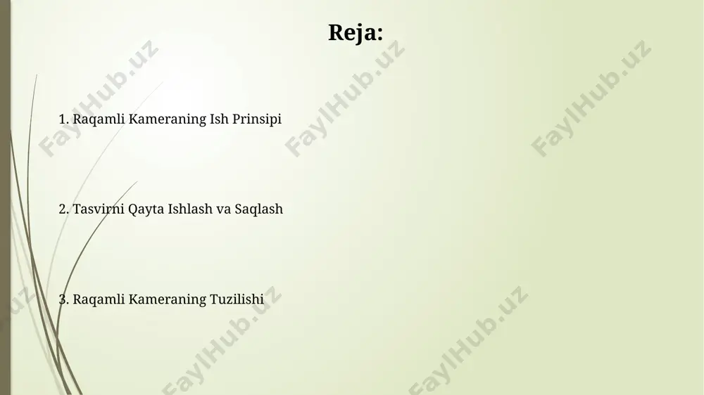 nini beradi, bu esa fayl hajmini katta qiladi va 16 bit rang chuqurligini qo'llab-quvvatlaydi. jpeg formati yuqori darajada siqilgan tasvirlarni saqlash uchun ishlatiladi, bu esa fayl hajmini 10 barobarga kamaytiradi, lekin ba'zi tafsilotlar yo'qotilishi mumkin. video yozish funksiyasi video yozish jarayoni tasvirni qayta ishlash protsessori (image processor) tomonidan boshqariladi va ma'lumotlar xotira kartasiga yoziladi, bu esa video fayl hajmini va sifatini belgilaydi. raqamli kamerada video yozish funksiyasi, odatda, 24 dan 60 kadr/sekundagacha bo'lgan tezlikda, 1080p yoki 4k kabi turli xil rezolyutsiyada video yozish imkonini beradi. xotira kartasi va ma'lumotlar saqlash xotira kartasi toʻlib qolganda, kamera yangi tasvirlarni yoza olmaydi va xato xabari beradi. shuning uchun, suratga olishdan oldin xotira kartasining boʻsh joyini tekshirish muhim. xotira kartalari, odatda, 16gb dan 512gb gacha sigʻimga ega boʻlib, jpeg, raw kabi turli formatdagi tasvirlarni saqlashga imkon beradi. ma'lumotlar yozilish tezligi kartaning sinfiga bogʻliq. fokuslash tizimi fokuslash tizimi, odatda, 3 dan 11 gacha avtofokus nuqtalaridan …