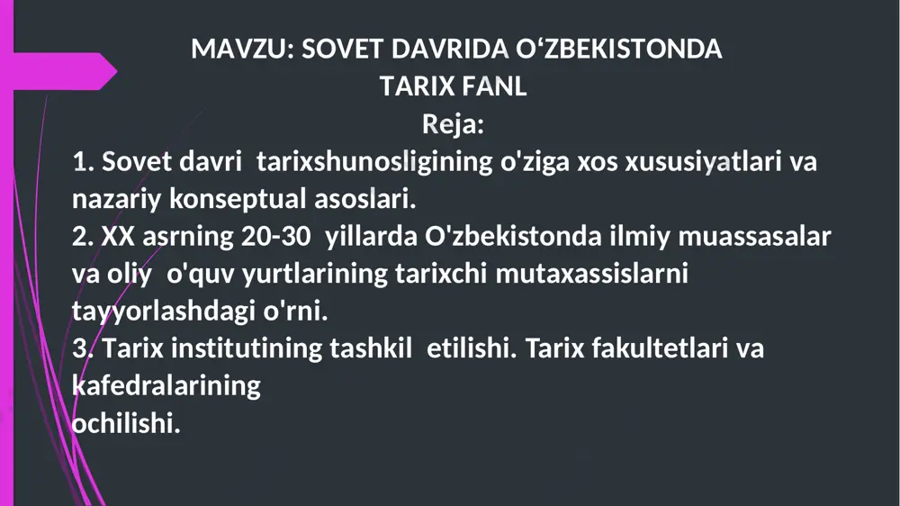 gan turkiston xalq universitetidir. sal keyinroq andijon, qо‘qon, samarqand, farg‘ona, jizzax va boshqa shaharlarda uning filiallari ochildi. 1919-yilda toshkentda fizioterapiya ilmiy-tekshirish instituti tuzildi. 20-yillarda tarix, tibbiyot, tabiiy fanlar sohasida qator ilmiy-tekshirish institutlari ochildi. 1920-yilda turkiston davlat universiteti (1923-yildan о‘rta osiyo davlat universiteti, 1960-yildan toshkent davlat universiteti, hozir- о‘zbekiston milliy universiteti) tashkil qilindi. keyinchalik mintaqadagi tabiiy boyliklarni о‘rganish maqsadida universitet negizida mustaqil oliy о‘quv yurtlari va fanning turli yо‘nalishlari bо‘yicha qator ilmiy muassasalar ochildi. 1940-yilda toshkentda 1932-yilda tuzilgan ilmiy komitet asosida о‘zbekistondagi sssr fa filiali tashkil etildi va shu vaqtdan boshlab filial о‘zbekistondagi bosh ilmiy-tadqiqot markazi bо‘lib kelayapti. о‘sha paytda uning tarkibiga geologiya, botanika, kimyo, suv xо‘jaligi muammolari (1941-yildan energetika instituti), tarix, til va adabiyot institutlari; tuproqshunoslik, zoologiya, fizika va matematika (geliotexnika laboratoriyasi bilan) bо‘limlari; toshkent astronomik observatoriyasi (kitob kenglik stansiyasi bilan); kartografiya va iqtisodiy tadqiqotlar byurosi kirgan. 1940-yilda о‘zbekistonning ilmiy-tekshirish institutlarida va oliy о‘quv yurtlarida 3 mingdan ortiq ilmiy va …
