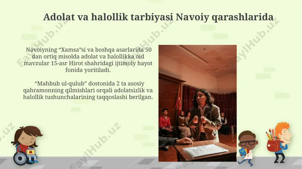 q hikoya va masal orqali bolalar va yoshlarni yaxshilikka, halollikka va o‘zaro hurmatga chaqiradi, bu esa samarqand va buxoro kabi shaharlarning an'anaviy tarbiya uslublarini aks ettiradi. "muhokamat ul-lughot" asarida navoiy 2000 dan ortiq so‘z va ibora orqali to‘g‘ri nutq madaniyatini, o‘zbek tilini va adabiyotini o‘rgatish orqali milliy g‘urur va o‘zlikni anglashni targ‘ib qiladi, bu esa 15 asrda markaziy osiyoda katta ahamiyatga ega edi. ijodkorlik va iste'dodni rivojlantirish navoiy nazariyasida ijodkorlikni rivojlantirishda 3 bosqichli yondashuvni taklif qiladi: taqlid, mustaqil ijod va mukammallikka intilish. navoiyning o‘zi bu bosqichlarni 10 yildan ortiq vaqt davomida o‘tgan. navoiy iste'dodni 7 ta asosiy omil bilan bog'laydi: tug'ma qobiliyat, mehnatsevarlik, ustozning rahbarligi, kitob o'qish, ijodiy muhit, ilhom va allohning inoyati. bu fikrlarini "muhokamat ul-lug'atayn"da bayon etadi. e'tiboringiz uchun rahmat @taqdimot_robot image6.jpg image7.jpg image8.jpg image9.jpg image10.jpg image11.jpg image12.jpg image13.jpg image14.jpg image15.jpg image16.jpg image17.jpg image18.jpg image19.jpg image20.jpg image1.png
