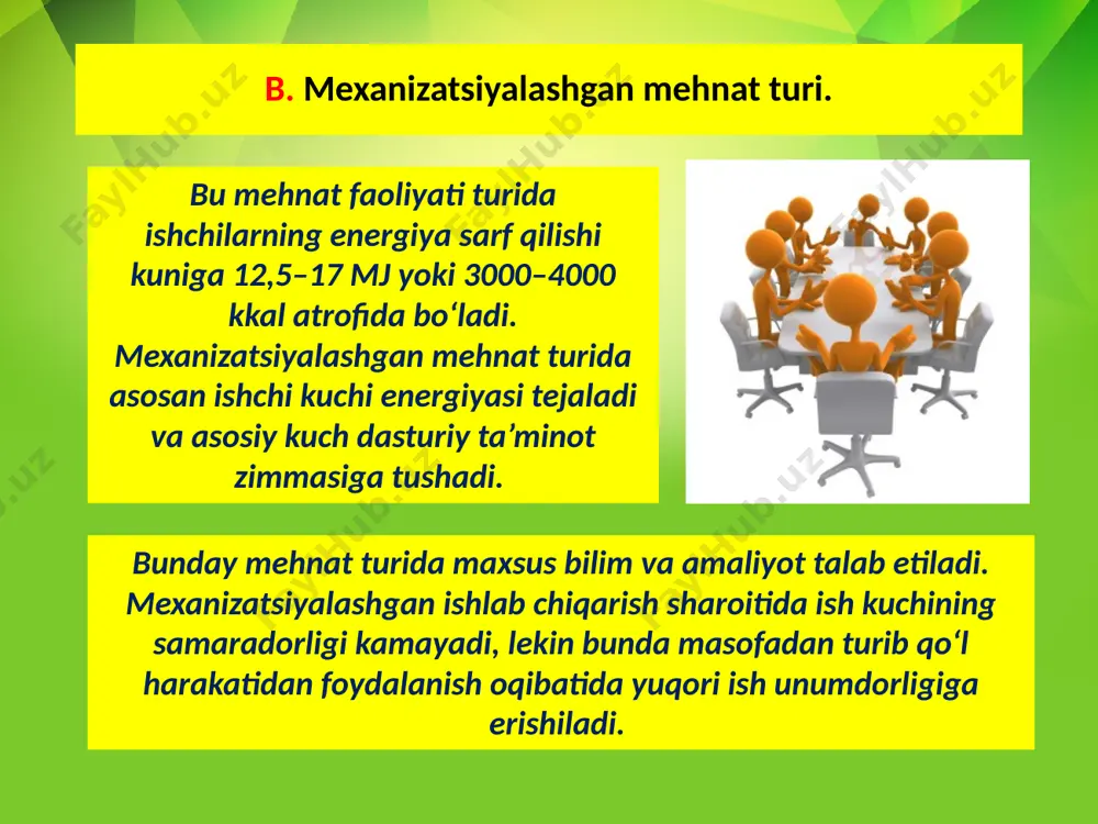 i. insonning mehnat qilish jarayonida energiya sarflanishi, bajaraladigan ishning og‘ir-yengiligiga, ya’ni muskul energiyasining sarflashiga, ishning oddiy yoki murakkabligiga, emotsional zo‘riqish darajasi va ishlab chiqarish muhitining gigiyenik normalariga (havo harorati nisbiy namligi va havo harakati tezligi) bog‘liq bo‘ladi. foydalanilgan adabiyotlar: qudratov, t.g’aniev, o’. yuldashev, g’.yo. yormatov, n. xabibullaev, f.d xudoev. «hayot faoliyati xavfsizligi» maruzalar kursi. toshkent 2005 y yuldashev o.r., sapaev sh.m., va boshqalar «hayot faoliyati xavfsizligi» fanidan amaly mashg’ulotlar. o’quv qo’llanma. toshkent 2010 y т.в. гитун, а.г елисеев и др. «экстремальная медицина» полный справочник. москва 2006 г. о.р юлдашев, о.т хасанова и др. «аварийно-спасательные раьоты» учебное пособие. ташкент 2008 г. image2.jpg image3.jpeg image4.png image5.jpeg image6.jpeg image7.jpeg image8.jpeg image9.jpeg image10.jpeg image11.jpeg image12.gif image13.jpeg image14.jpeg image15.jpeg image16.jpeg image1.jpg /docprops/thumbnail.jpeg