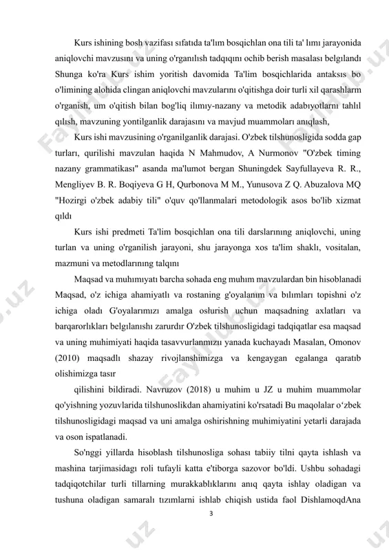 (2018) u muhim u jz u muhim muammolar qo'yishning yozuvlarida tilshunoslikdan ahamiyatini ko'rsatadi bu maqolalar oʻzbek tilshunosligidagi maqsad va uni amalga oshirishning muhimiyatini yetarli darajada va oson ispatlanadi. so'nggi yillarda hisoblash tilshunosliga sohası tabiiy tilni qayta ishlash va mashina tarjimasidagı roli tufayli katta e'tiborga sazovor bo'ldi. ushbu sohadagi tadqiqotchilar turli tillarning murakkablıklarını anıq qayta ishlay oladigan va tushuna oladigan samaralı tızımlarni ishlab chiqish ustida faol dishlamoqdana shunday tizimlardan biri leksikaga asoslangan yondashuv boʻlib, u so'zlarning to'liq ma'lumotlar bazasiga va ularning ma'lum bir tildagi mos ma'nolariga tayanadı kurs ishining tarkibi: ushbu kurs ishi kirish, 2 ta bob va uning tarkibidagi 5ta reja, xulosa va foydalanilgan adabiyotlar ro‘yxatidan iborat. i. bob. to'ldiruvchi va uning o'zbek tilida tutgan o'rni 1.1 to’ldiruvchi haqida umumiy ma'lumotlar ko'pincha fe'l bilan ifodalangan, ba'zan fe'ldan boshqa ayrım so'zlar bilan ifodalangan bo'lakka boshqaruv yo'li bilan bog'lanib, uning ma'nosını to'ldirib keladigan ikkinchi darajali bo'lak to'ldiruvchi deyıladı to'ldiruvchi boshqaruvchi so'zning talabiga …