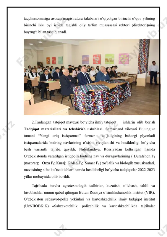 p qalinligi (unib chiqish va hosilni yigʼib olish oldidan); - fenologik kuzatish – davlat nav sinash komissiyasi (1984) uslubi boʼyicha; - biometrik oʼlchashlar (oʼsimlik buyi, poya va yon poyalar soni, barg soni va sathi kabilar) ilmiy – tadqiqot instituti (niikx, 1967) uslubi boʼyicha; - oʼsimlikning virusli kasalliklar bilan kasallanishi koʼz bilan koʼrib, x, s, u, m – viruslar mavjudligi serologik yoki immunoferment analizlari yordamida aniqlandi; - tupning mahsuldorligi har bir variantda 10 tadan tup oʼsimlik ajratib olinib bir tup hosili soni va oʼrtacha bitta meva vazni boʼyicha taʼriflandi; - hosil toʼplash tezligi unib chiqqanning 30,35,40 va 45 nchi kunlari tuplardagi mevalar ilmiy-tadqiqot instituti uslubi (1967) boʼyicha baholandi; - hosildorlik, tovarbop mevalar chiqimi, koʼpayish koeffitsenti - hosildorlik koʼrsatkichlari dispertsion analiz usuli bilan b.a.dospexov (1979) boʼyicha statistik tahlil qilindi; samarqand viloyati bulung’ur tumani “yangi ariq issiqxonasi” ilmiy tadqiqotim bo’yicha fevral oyining 1-dekadasida samarqand viloyati bulung’ur tumani “yangi ariq issiqxonasi”da tajriba variantlarimni qo’yib …