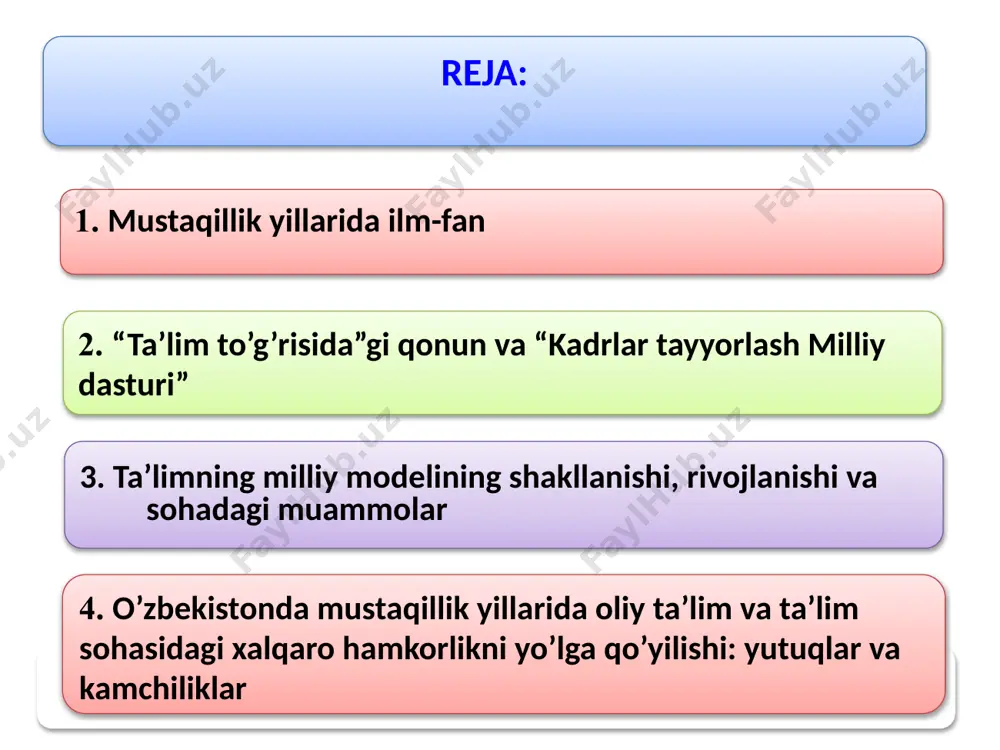 masi huzurida fan va texnologiyalarni rivojlantirishni muvofiqlashtirish qo‘mitasi tashkil etildi. qo‘mitaga fan va texnologiyalarni rivojlantirishning ustuvor yo‘nalishlarini ishlab chiqish, akademik va oliy ta’lim muassasalari fani integratsiyalashuviga, ilmiy sohadagi xalqaro hamkorlikni rivojlantirishga ko‘maklashish kabi vazifalar belgilab qo‘yildi. 2008-yildan buyon toshkentda innovatsion g‘oyalar, texnologiyalar va loyihalar yarmarkasi o‘tkazib kelinmoqda. 2008–2015-yillar o‘tkazilgan i – viii yarmarkalar doirasida jami 4000 dan ortiq ishlanmalar taqdim etildi. 2008-yildan buyon umumiy qiymati 113 mlrd.so‘mdan ortiq bo‘lgan 3000 dan ziyod shartnomalar tuzildi. образец текста второй уровень третий уровень четвертый уровень пятый уровень 1 - reja innovatsion g‘oyalar, texnologiyalar va loyihalar respublika yarmarkasi 15/09/2022 7 arxeologiya fani sohasida ham ma’lum siljishlar bo‘ldi. jumladan, 2002-yildan «o‘zbekistonda arxeologik tadqiqotlar» yillik to‘plamlari nashr etilib, ularda respublikamiz hududida olib borilayotgan arxeologik tadqiqotlarning umumlashma ilmiy xulosalari berib boriladi. 2010-yildan esa «o‘zbekiston arxeologiyasi» ilmiy jurnali chop etila boshlandi. fanning boshqa yo‘nalishlaridagi olimlar ham yirik natijalarni qo‘lga kiritishmoqda. fanlar akademiyasi o‘simlik moddalari kimyosi instituti tomonidan tayyorlangan …