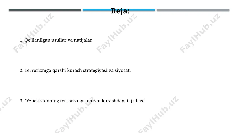 hlar faoliyat koʻrsatgan boʻlib, ularning hujumlari oʻnlab insonlarning halok boʻlishiga sabab boʻlgan va yuzlab kishini jarohat olgan. oʻzbekiston 1990-yillarning boshlarida, sobiq ittifoqning parchalanishi va qoʻshni mamlakatlardagi beqarorlik tufayli, transmilliy terroristik tahdidlarga duch keldi, bu esa milliy xavfsizlikka jiddiy tahdid solgan. xalqaro hamkorlik va sheriklik o'zbekiston xalqaro terrorizmga qarshi kurashda 10 dan ortiq davlat bilan muntazam aloqalarni o'rnatgan va hamkorlik dasturlarini amalga oshiradi. terrorizmga qarshi kurash bo'yicha hamkorlikning samaradorligini oshirish uchun 5 tadan ortiq xalqaro tashkilot bilan birgalikdagi mashg'ulotlar va seminarlar o'tkaziladi. terrorizmning iqtisodiy oqibatlari va ularga qarshi kurash terrorizm o'zbekiston iqtisodiyotining 2000-yillardagi yillik o'sish sur'atlarini 1-2 foizga pasaytirgan, infratuzilmaga yetkazilgan zararni hisobga olmaganda. terrorizmga qarshi kurash dasturlarini amalga oshirishga o'zbekiston davlat byudjetidan yiliga o'rtacha 500 million aqsh dollarigacha mablag' sarflanadi, bu ijtimoiy dasturlarni moliyalashtirishni qisqartiradi. huquqiy asoslar va qonunchilik terrorizmga qarshi kurash boʻyicha qonunchilik 2002 yildan buyon doimiy ravishda takomillashib kelmoqda, xalqaro standartlarga moslashtirilib, 10 dan ortiq muhim qonun hujjatlarini …