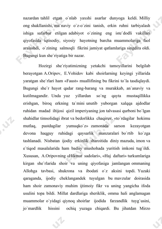 ishi, u bilan yuzma-yuz turib "«orani ochiq qilib olish"» ga intilishidir. she`riyat, nihoyat, yetmish yillar davom etgan "vazifadoshlik" yukidan, siyosiy va ijtimoiy sharhlovchilik vazifasidan asta-sekin qutilib, asl qiyofasiga, sof mohiyatiga, yangi chovachilik majmui ishga tushirilganda, kinofestivalga kelgan mehmonlarni ko`rganda ham, shukurki, shakllanib qoldi. ularni endi surat emas, siyrat, qalb manzaralari ko`proq o`ziga jalb qilyapti, iste`dod kuchi «o`tin yorishga» (a.kahhor) sarf etilayotgani yo`q. o`zbek she`riyati hozirgi kunda uslubi rang-barang, mazmuniy-shakliy izlanishlardan cho`chimaydigan, aksincha, mana shu ijodiy tajribalarning o`zini san`at tabiati deb biladigan shoirlarga ega. agar ular ijodini an`anaviy she`r yo`llari chegarasida yozayotgan shoirlarga qiyosan olsak, hozir she`riyat kamida ikki oqimga ajralganini kuzatish mumkin. bu ikki yo`nalishni shartli ravishda omma she`riyati va shaxs she`riyati deb nomlasak, balki to`g`ri bo`lar. avvalo shuni ta`kidlash joizki, bu ajratish asosida aslo tashqi belgilar ustivor rol o`ynamaydi. shakldagi o`zgachalik, she`riy san`atlardan foydalanish darajasining o`zi u yoki bu shoirni omma yoxud shaxs she`riyati vakiliga aylantirib qo`ymaydi. hamma gap …