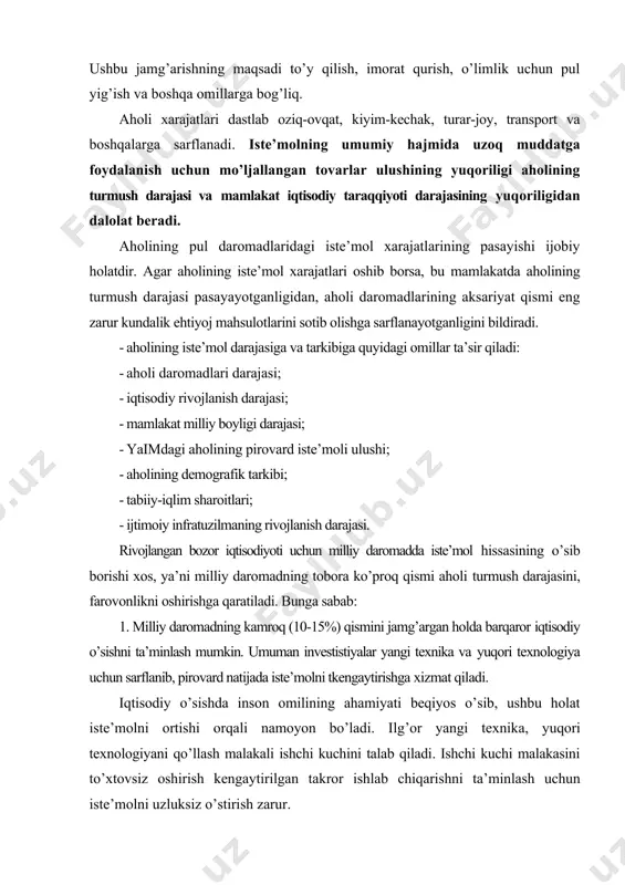 rtimizda iste’mol mahsulotlari ishlab chiqarish hajmini oshirish va aholiga ko’rsatilayotgan xizmat turlarini kengaytirish hisobidan ushbu daromadlardan samarali foydalanish uchun sharoit yaratildi. agar 1991 yilda aholi daromadlarining bor-yo’g’i 46-48 foizi mamlakatimizda ishlab chiqarilgan tovar resurslari bilan ta’minlangan bo’lsa, 2011 yilda bu ko’rsatkich 75 foizdan oshdi. shu bilan birga, 2011 yilda iste’mol mahsulotlarini ishlab chiqarish hajmi 1991 yilga nisbatan 6,7 barobar, aholiga pullik xizmat ko’rsatish hajmi esa 1,4 barobar o’sdi (1-jadval). jadvaldan ko’rinib turganidek, 1991-2011 yillar davomida jami xarajatlar tarkibida iste’mol xarajatlarining ulushi 81,1 foizdan 78,1 foizga, iste’moldan tashqari xarajatlar ulushi 7,1 foizdan 6,0 foizga qisqargan, aksincha, pul omonatlari va jamg’armalar ulushi 11,8 foizdan 15,9 foizga ortgan. shu bilan birga, oilalarning iste’mol xarajatlari makrotarkibi ham optimallashib bormoqda: oziq-ovqat mahsulotlari uchun xarajatlar ulushi barqarorlashib, xizmatlar uchun xarajatlar ulushi ortib bormoqda. bunday holat iqtisodiy rivojlanib borayotgan davlatlar uchun xosdir. iqtisodiyot vazirligi ma’lumotlariga qaraganda, 1991-2011 yillarda non va non mahsulotlarining iste’moli kamaygan, aksincha, qolgan oziq-ovqat …