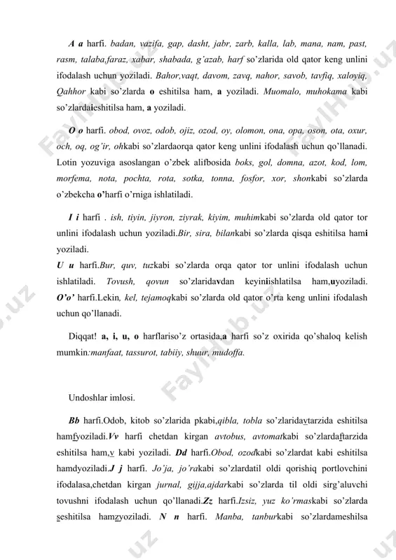 ko’rmaskabi so’zlarda seshitilsa hamzyoziladi. n n harfi. manba, tanburkabi so’zlardameshilsa hamnyoziladi. f f harfi. fayz,fotimakabi so’zlarda ba’zan ptarzida aytilsa hamfyoziladi.q q harfi.to’qson, maqsad, maqtovkabi so’zlarda x eshitilsa ham qyoziladi.tutuq belgisi ( ‘ ). quyidagi vazifalarni bajaradi. 1. lotin yozuviga asoslangan o’zbek alifbosida ayirish belgisi o’rnida ishlatiladi.unlilardan keyin ularning cho’ziqroq talaffuz qilinishi ifodalasa, undoshlardan keyin kelganda ularning oldingi tovushlardan ajratib aytilishini ko’rsatadi: a’lo,me’yor, qat’iy, tal’at. s , h harflari yonma-yon kelganda, ularni shharfi birikmasidanfarqlash uchunham qo’llanadi: as’hob, is’hoq.mo’tabar, mo’jiza kabi so’zlarda o’unlisi cho’zib aytilsa hamtutuq belgisi qo’yilmaydi. undoshlar talaffuzida faol ishtirok etgan a’zolar ham turlicha harakat qilishi mumkin. masalan: t,d undoshlari talaffuzida tilning oldingi qismi faol ishtirok etsa b, p tovushlari hosil bo’lishida lablar ishtirok etadi.undosh tovushlarning talaffuzida faol ishtirok etgan a’zolar shu tovushning hosil bo’lish o’rni hisoblanadi.shunga ko’ra, t,d undoshlari til undoshlariga,b,p undoshlari esa lab undoshlariga kiradi. undosh tovushlar nutq a’zolarining biror yerida to’siqqa uchrab o’tishlari bilan o’ziga xos xususiyatga …