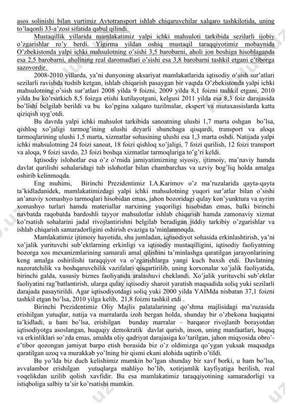 usiy, 48% aktsiyadorlik, 16%-jamoa, 1% ijara xo’jaligiga aylandi. natijada respublikada nodavlat sektorning iqtisodiyotdagi ulushi ortib bordi. mazkur sektor 1995 yili sanoat mahsulotini 44 foizi, qishloq xo’jaligi mahsulotining 97 foizini ishlab chiqardi. barcha kapital mablag’ning 44 foizi ana shu nodavlat sektoriga to’g’ri keldi. mustaqillikning dastlabki yillaridan boshlab, mamlakatda kichik biznesni rivojlantirish davlat sektorining ustuvor yo’nalishlaridan biri etib qo’yilgan. o’tgan yillar davomida shu sohaga tegishli huquqiy asos yaratildi, zarur me’yoriy hujjatlar qabul qilindi, bozor infratuzilmasi tashkilotlari faoliyati yo’lga qo’yildi. natijada 1999 yil boshida mamlakatda qariyib 190 000 ta kichik va xususiy korxonalar faoliyat yuritdi. uning salkam 15.000 tasi 1998 yili ishga tushgan bo’lsa, 1999 yili ularning soni 16.579 taga ko’paydi. mamlakatda ikki yo’l bilan mulkdorlar sinfi shakllana boshladi. birinchidan, kichik korxonalar va xususiy tadbirkorlikni keng rivojlantirish yo’li bilan, ikkinchidan, pul mablag’larini omonat kassalari yoki banklarga qo’yish, qimmatbaho qog’ozlarga aylantirish yo’li bilan. iqtisodiyotda yuz bergan tarkibiy o’zgarishlar, bozor infratuzilmasining shakllanishi sobiq sssrning tarqatib …