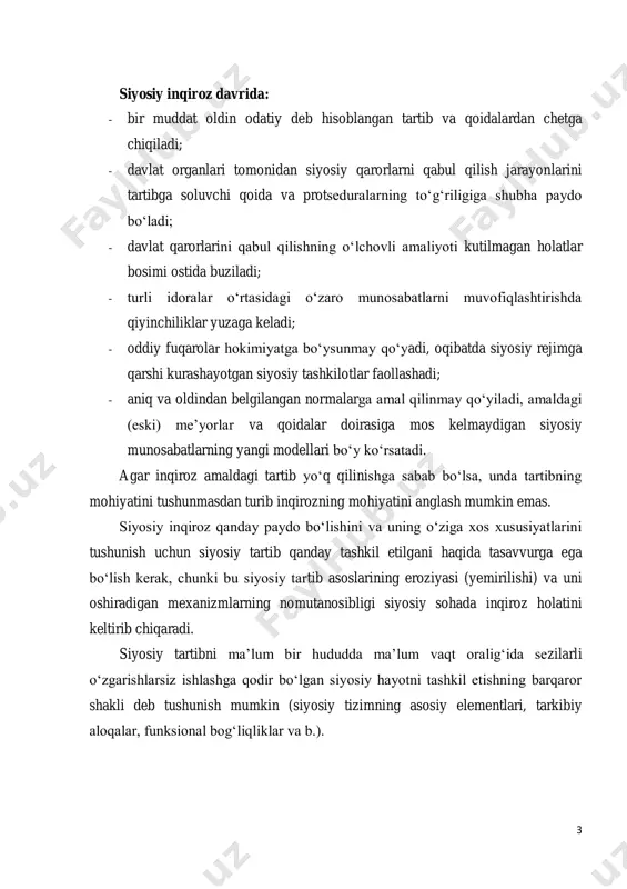 mga qarshi kurashayotgan siyosiy tashkilotlar faollashadi; - aniq va oldindan belgilangan normalarga amal qilinmay qo‘yiladi, amaldagi (eski) me’yorlar va qoidalar doirasiga mos kelmaydigan siyosiy munosabatlarning yangi modellari bo‘y ko‘rsatadi. agar inqiroz amaldagi tartib yo‘q qilinishga sabab bo‘lsa, unda tartibning mohiyatini tushunmasdan turib inqirozning mohiyatini anglash mumkin emas. siyosiy inqiroz qanday paydo bo‘lishini va uning o‘ziga xos xususiyatlarini tushunish uchun siyosiy tartib qanday tashkil etilgani haqida tasavvurga ega bo‘lish kerak, chunki bu siyosiy tartib asoslarining eroziyasi (yemirilishi) va uni oshiradigan mexanizmlarning nomutanosibligi siyosiy sohada inqiroz holatini keltirib chiqaradi. siyosiy tartibni ma’lum bir hududda ma’lum vaqt oralig‘ida sezilarli o‘zgarishlarsiz ishlashga qodir bo‘lgan siyosiy hayotni tashkil etishning barqaror shakli deb tushunish mumkin (siyosiy tizimning asosiy elementlari, tarkibiy aloqalar, funksional bog‘liqliklar va b.). 4 siyosiy inqiroz turlari inqiroz jarayonlari alohida institutsional subyektlarga yoki butun siyosiy tizimga ham ta’sir qilishi mumkin. siyosatdagi inqiroz jarayonlarining xilma- xilligini aks ettiruvchi ikkita parametr mavjud: birinchidan, bu inqiroz ko‘lami …