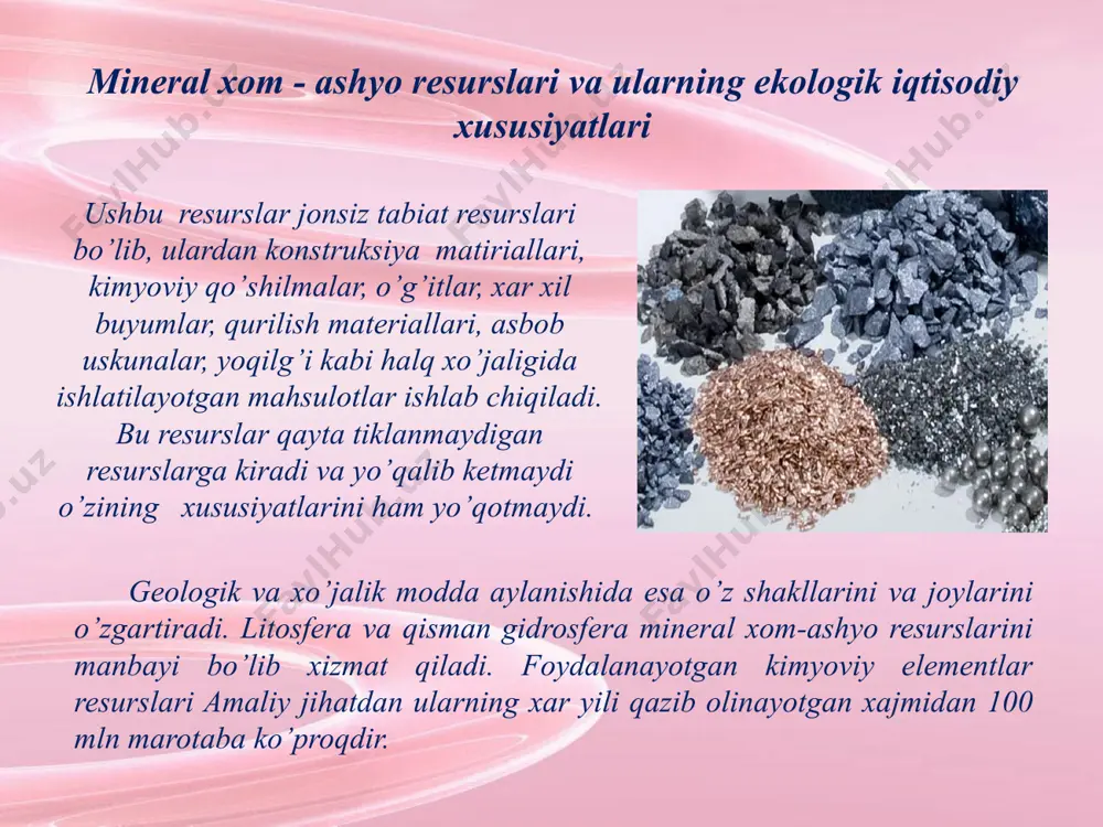 o‘rsatkichlari mineral xom ashyo resurslaridan foydalanish jarayonida xom ashyo yerning chuqur qatlamlaridan yer yuziga chiqadilar, undan foydali elementlar olinadi, so’ngra qayta ishlash uchun xo’jalik korxonalarida to’palanadi yoki mahsulot iste’moli uchun tarqatiladi. o’zbekistonning mineral xom ashyo resurslari imkoniyati va ulardan unumli foydalanish mineral xom ashyo resurslarini iqtisodiy baholash ulardan eng samarali foydalanish yo’nalishlarini hisobga olingan holda, ya’ni maksimal renta bo’yicha amalga oshiriladi. turli resurslardan bir maqsadda foydalanishda ularni baholash asosiy mahsulotlarni ishlab chiqarishda resurslardan foydalanishning samaradorligi bo’yicha amalga oshiriladi. masalan, yoqilg’ining turli xillari energiya va issiqlik ishlab chiqarish samaradorligi bo’yicha baholanadi, ya’ni resurslarni yoqishga ketadigan xarajatlarni hisobga olib shartli yoqilg’i bo’yicha hisoblanadi. resurslardan substrat (asos) va yordamchi material sifatida foydalanilganda ularni asosiy mahsulotini ishlab chiqarish samaradorligiga to’g’ridan-to’g’ri ta’sir ko’rsatishi bo’yicha baholanadi. resurslarning kun komponentligi hollarida (ularning tarkibiga konlarni ochish jinslari ham kiradi) resursga renta xom ashyoga rentani ishlab chiqilishi yig’indisi sifatida va ularning resurs birligiga tarkibi asosida aniqlanadi. resurslarga to’lovlar foydalanuvchilardan …