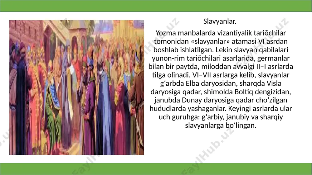 erishadi. shundan so‘ng, bolgariya zaiflashib, keyinchalik qo‘shni vizantiya tomonidan bosib olinadi. chexiya davlati. mahalliy slavyan qabilalari vltava daryosi havzasida yashagan chex qabilalariga bo‘ysungan (rivoyatlarga qaraganda, ularning qadimgi yo‘lboshchisini chex deb nomlaganlar). qabila ittifoqi tepasida prjemislovichlar xonadonidan bo‘lgan knyazlar turgan. ular tez-tez qo‘1lariga qurol olib o‘z yerlarini dushmanlardan himoya qilgan. knyaz vatslav (920–935) yoshligidan xristian aqidalari bo‘yicha tarbiyalangan, keyinchalik bor kuchi bilan dinning chexiyada yoyilishiga harakat qilgan. lekin knyazning xristianlikka nisbatan bunday hurmat-ehtiromi ko‘pgina chexlarga xush kelmagan. ayrim knyazlar fitnasi tufayli tug‘ishgan ukasi uni xoinona o‘ldirgan. yillar o‘tib vatslavni chexlarning milliy avliyosi, chex davlatining homiysi sifatida e’zozlay boshlashgan polsha davlati. gnezno atroflarida yashagan polyan slavyan qabilalari bo‘lajak polsha davlatiga asos soladi. keyinchalik ushbu qabilalar ittifoqi nomida vujudga kelgan knyazlik polsha deb atalgan. solnomachining yozishicha, knyazlikning afsonaviy asoschisi piast ismli kambag‘al kishi bo‘lgan. lekin hujjatlarda nomi qayd e tilgan pias tla r sulolasining birinchi knyazi meshko i dir. knyaz meshko õ asr …