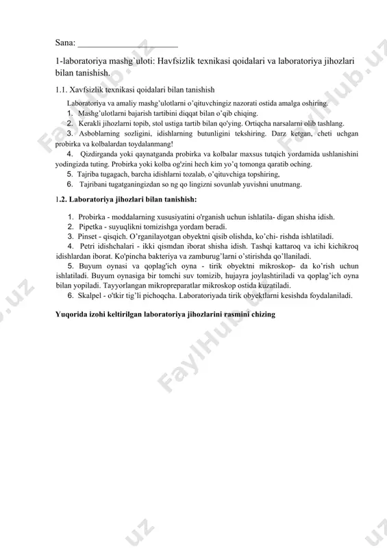iya mashg`uloti: lupa va mikroskop tuzilishi bolan ishalash tirik organizmlarning tuzilishini o'rganish uchun kattalashtirib ko'rsatuvchi asboblardan toydalaniladi. ularga lupa va mikroskop kiradi. lupa - eng sodda tuzilgan kattalashtirib ko’rsatuvchi asbob bo lib, ikki tomoni qavariq linzadan iborat. qo'l lupasi (10-rasm) buyumni 2-20 marotaba kattalashtirib ko'r- satadi. tekshirilayotgan tirik organizm aniq ko'rinadigan bo'lguncha lupa yaqinlashtiriladi va tekshirilayotgan obyektning tuzilishi o’rganiladi. masalan, tarvuz yoki pomidor bo'laklarini tekshiribr ularni yumaloq hujayralardan iboratligini lupa yordamida ainiqlash mumkin. mikroskop- kichik obyektlarni kattalashtirib ko'rsatuvchi laboratoriya jihozi hisoblanadi.ko'rish nayi tubusning yuqori qismida okulyar, pastki qismida obyektiv joylashgan.ular kattalashti- ruvchi linzalarga ega. shtativga tubus va buyum stolchasi biriktirilgan, makrovint yordamida tubusni ko’tarish yoki tushirish mumkin. shu yo l bilan aniq tasvir hosil qilinadi.buyum stolchasidagi teshik ostida ko’zgu joylashgan. ko’zgu yorug’lik- ni buyum oynasiga yo'naltirib aniq tasvir hosil bo'lishiga yordam beradl yorug lik mikroskopi necha marta kattalashtirib ko'rsatishini aniqlash uchun okulyar va obyektiv ko'rsatkichlari ko'paytiriladi. masalan: okulyar-10, obyektiv-20 bo'lsa, …