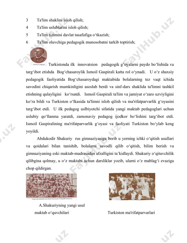 z mablagʻi evaziga chop qildirgan. a.shakuriyning yangi usul maktab oʻquvchilari turkiston ma'rifatparvarlari turkiston ma'rifatparvarlari jamiyatni toʻntarish yoʻli bilan emas, islohatlar yoʻli bilan rivojlantirishni asosiy vazifasi deb belgiladilar. umuman ular insonlarni sinflarga boʻlib tashlash emas, balki ularni qadimchilar bilan ham ittifoq qilib, xalq va kelajak yoʻlida ishlash, tinch-totuv yashash va ishlashi gʻoyasini ilgari surdilar. ma'rifatparvarlar 1906-yildayoq «taraqqiy» deb nomlangan gazeta nashr ettirdilar va oʻz gʻoyalarini tarqatdilar. keyinchalik «xurshid», «shuhrat» singari yangi gazetalar nashr ettirildi. markaziy osiyoning turli shaharlarida ma'rifatparvar maktablarida diniy ilmlar bilan birgalikda dunyoviy ilmlar ham keng tarqatilgan edi. ma’rifatparvarlarning harakat dasturlari quyidagi masalalarni hal qilishga qaratilgan edi. 1. diniy taa’ssuf va fanatizmga qarshi kurash. 2. feodal davri maorif tizimini isloh qilish, dunyoviy bilimlarni ona tilida oʻqitishga moslangan yangi maktablarni tashkil etish. 3. ma’rifatparvarlik gʻoyalarini xalq ommasiga yetkazish va adabiy tilini ishlab chiqish xalq ommasiga tushunarli boʻlgan adabiyot va teatrni yaratish. 4. xotin-qizlarni paranjidan chiqarish va maktablarda tahsil olishiga imkoniyat …