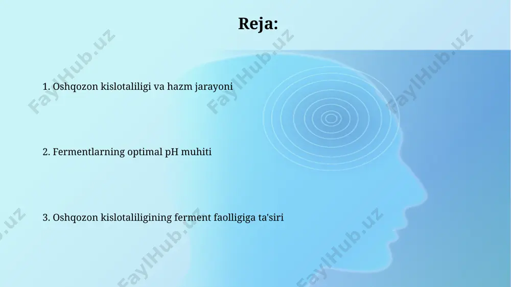 uqori kislotalilik darajasi ularning tuzilishini buzadi. kislotalilikning oshishi kislotalilikning oshishi pepsin faolligini 2-3 baravar oshirishi mumkin, ammo ph 7 dan yuqori bo'lganda, uning optimal faolligi pasayadi. ph darajasi 1-2 ga yetganda, kislotalilikning oshishi ko'plab oshqozon fermentlari denaturatsiyasiga olib kelishi mumkin, natijada ularning faolligi yo'qoladi. ph ning ahamiyati aksincha, juda past ph (2 dan past) ham ba’zi oshqozon fermentlarining faolligini inhibe qilishi mumkin, chunki ularning optimal ishlashi uchun ma’lum bir ph diapazoni kerak. osh me’da sharbatining optimal ph darajasi 1,5 dan 3,5 gacha boʻlib, pepsin fermentining maksimal faolligini ta’minlaydi, bu oqsillarni hazm qilish uchun juda muhimdir. kelajakdagi tadqiqotlar oshqozon kislotaligining ferment faolligiga ta'sirini inson organizmida aniqlash uchun 50 dan ortiq ishtirokchilarni qamrab oluvchi klinik sinovlarni oʻtkazish va natijalarni statistik tahlil qilish kerak. ph darajasining 1, 2 va 3 birliklaridagi oʻzgarishlari ta'sirida fermentlarning ikkilamchi va uchlamchi strukturaviy oʻzgarishlarini aniqlash uchun spektroskopik usullarni qoʻllash orqali batafsil tadqiqotlarni amalga oshirish lozim. kislotalilikning pasayishi kislotalilikning …