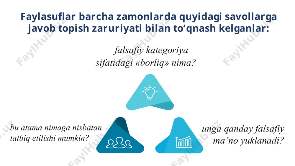 lar; - organik hayotni qamrab oladi. ular tabiat sohasidagi asosiy shakllar hisoblanadi b ijtimoiy o‘zgarishlarni, shuningdek fikrlash jarayonlarini qamrab oladi a biologik progress regress orqaga qaytmaslik va muayyan yoʻnalishga egalik xos boʻlgan harakat tipi rivojlanish deb ataladi. bunda narsa yoki hodisa strukturasining murakkablashuvi, ular tashkil topish darajasining yuksalishi yuz beradi agar harakat teskari yoʻnalishda –barkamolroq va rivojlanganroq shakllardan uncha rivojlanmagan shakllarga, murakkabdan oddiyga qarab yuz beradi harakat tiplari dialektikaning tuzilishi dialektika dialektika tamoyillari kategoriyalar qonunlar eng umumiy harakat va taraqqiyot eng umumiy aloqadorlik oqibat voqelik imkoniyat zaruriyat tasodif sabab mazmun shakl mohiyat hodisa qarama-qarshiliklar birligi va kurashi qonuni miqdor oʻzgarishlarining sifat oʻzgarishlariga oʻtish qonuni inkorni inkor qonuni alohidalik yakkalik umumiylik yakkalik xususiylik ilmiy bilishda umumiy metodlar kuzatish, eksperiment analiz, sintez induksiya, deduksiya mantiqiylik, tarixiylik abstraktlik, konkretlik modellashtirish formallashtirish image1.jpeg image2.jpeg image3.png image4.jpeg image5.jpeg image6.jpeg image7.emf image8.emf image9.png image10.jpg image11.png image12.jpeg image13.jpeg image14.jpeg image15.jpeg image16.png image17.png image18.png /docprops/thumbnail.jpeg