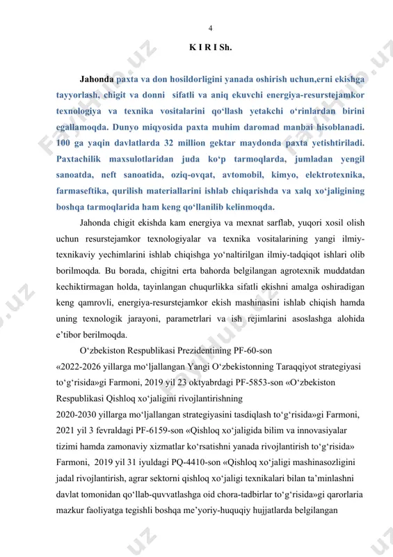 paxta va bug‘doy hisoblanadi. o‘zbekiston respublikasi prezidenti tomonidan belgilab berilgan “2022-2026 yillarga mo‘ljallangan yangi o‘zbekistonning taraqqiyot strategiyasi to‘g‘risida” gi farmonida (pf-60-son) jumladan “... 2017-2020 yillar uchun mo‘ljallangan ekin maydonlarini optimallashtirish, suv va yer resurslaridan oqilona foydalanish, zamonaviy intensiv agrotexnologiyalarni joriy etish “ ...” 2030 yilga qadar yalpi ichki maxsulot xajmini ikki barobardan ziyod ko‘paytirish, ...” ularni bajarish uchun paxtachilik va g‘allachilikda foydalanilayotgan texnologiyalarni takomillashtirish, hosilni yetishtirish uchun sarflanadigan xarajatlarni kamaytirgan holda olinayotgan hosilning miqdorini ko‘paytirish va tannarxini pasaytirish kabi vazifalar belgilangan. mazkur o‘quv adabiyoda faqatgina respublikamiz qishloq xo‘jaligida mavjud bo‘lgan tuproqqa ishlov beruvchi va ekin ekishda qo‘llaniladigan qishloq xo‘jalik mashinalarining turlari, xar birining vazifalari, konstruksiyalari bayon qilingan va parametrlarining ifodalari keltirilgan. tuproqqa ishlov berishga va ekish mashinalariga bag‘ishlangan ushbu adabiyot talaba yoshlarni shu fanga bo‘lgan qiziqishini orttirib, bilim doirasini kengaytiradi, soxaning professor-o‘qituvchilari uchun esa kerakli ma’lumotlarga ega bo‘lgan adabiyotlarning qatoridan munosib joy oladi degan umiddamiz. 1-bob. tuproqqa ishlov berish jarayonidagi …