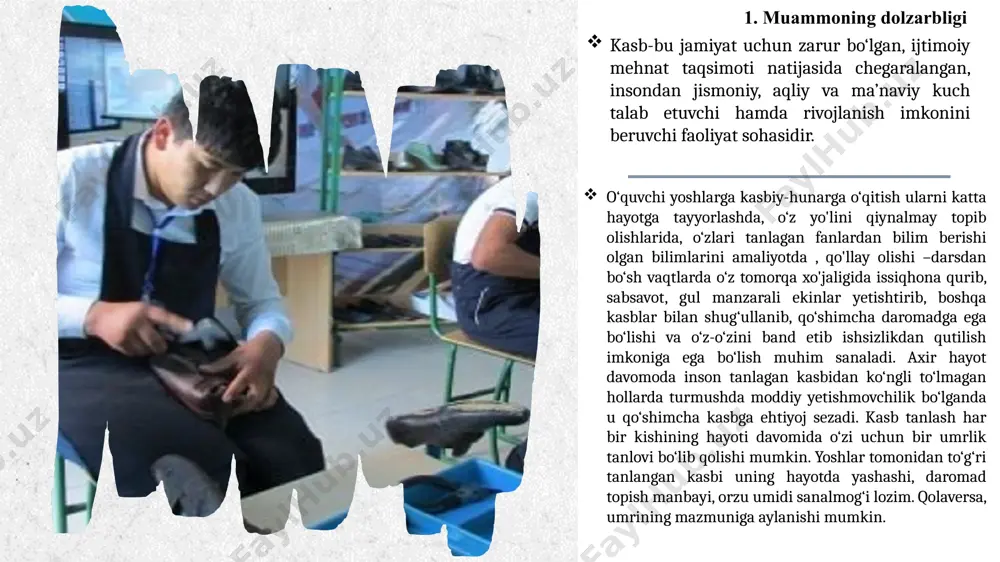 ri o‘quvchilarini ikkita xorijiy til va kasb-hunarga o‘rgatish jarayonini samarali tashkil etish to‘g‘risida” 560-son buyrug‘i. 3.maqsad. o‘quvchilarni zamonaviy kasblarga yo‘naltirish va o‘qitish orqali, ularni katta hayotga tayyorlash. kasb o‘rganish orqali o‘quvchilarni ish bilan ta’minlash va o‘zini o‘zi band qilish. kelajakda munosib kasb egasi bo‘lishiga ko‘maklashish. kasblar haqidagi tushunchalarni o‘quvchilarga hayotiy misollar orqali yetkazish. vatanparvarlik ruhida tarbiyalash va egallayotgan kasbi orqali ona vatan taraqqiyotiga hissa qo‘shish oliy baxt ekanligini anglash. kasb bo‘yicha ijodiy fikrlaydigan,tashkilotchilik, tadbirkorlik ko‘nikmalarini shakllantirish. kasb o‘rganishni afzalligi natijasida, hayotda muvaffaqiyatli bo‘lishi. o‘quvchilarni kasbga bo‘lgan qiziqishlarini orttirish, kasblar lug’ati bilan tanishtirish kerak va o'zi qiziqqan kasbga yo‘naltirish kerak. 4. vazifa. o‘quvchilar va ularning ota-onalaridan so‘rovnomalar o‘tkazish kasb.maktab.uz va profnavigator.uz elektron platformalarida testlar majmuasi orqali o‘quvchilar o‘zining qaysi kasbga qobiliyatli ekanini aniqlash. o‘quvchilarning kasb-hunar haqidagi tasavvurini kengaytirish. kasb egalarining mehnat faoliyati bilan yaqindan tanishtirish. turli uchrashuv va sayyor mashg‘ulotlar tashkil etish va sohalar haqidagi tasavvurini boyitib borishini ta’minlash. kasbga sadoqat, …