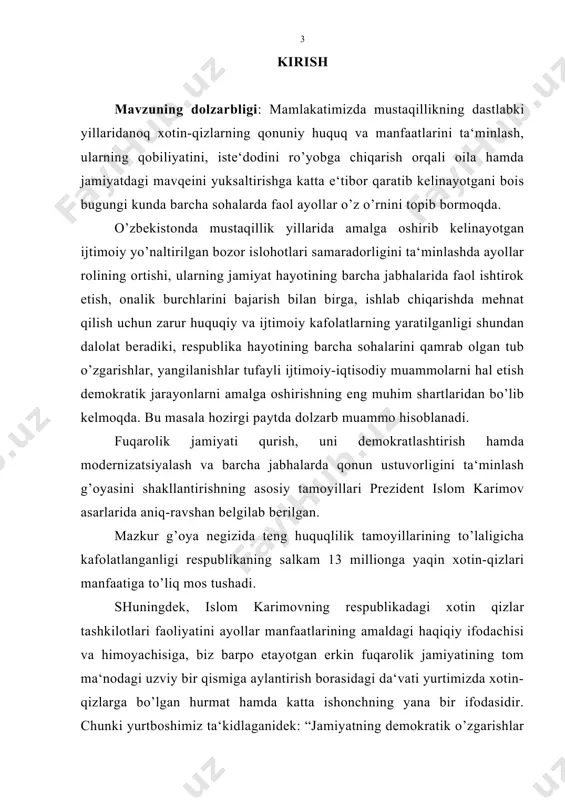 . albatta ularning salohiyatidan oqilona foydalanish, mavjud iste‘dod va iqtidorlarini to’la ro’yobga chiqarishlariga imkoniyat yaratish uchun keyingi yillarda milliy qonunchilikda ham qator ijobiy o’zgarishlar amalga oshirildi. ayollarning ijtimoiy-siyosiy faolligini tashkil etish va yuksaltirishda amalga oshirayotgan o’zbekiston olima ayollarining “olima” uyushmasi (1992 yil 9 yanvarda tashkil etilgan), o’zbekiston ishbilarmon ayollari “tadbirkor ayol” assotsiatsiyasi (1991 yil 4 yanvar), respublika xotin qizlar qo’mitasi qoshidagi “ijodkor ayollar” jamoat birlashmasi (1996 yil 10 yanvar) hamda “faxriya ayollar” uyushmasi (1996 yil 8 yanvar) va hokazolar misol bo’lishi mumkin. hozirgi davrda kichik biznes va xususiy tadbirkorlikni rivojlantirish hamda rag’batlantirish mamlakatimiz ijtimoiy-iqtisodiy taraqqiyotida “tadbirkor ayol” uyushmasi faoliyati hal qiluvchi strategik omillardan biri sifatida alohida ahamiyat kasb etadi. tadqiqotning davriy doirasi: 1991-2010 yillarni qamrab oladi. tarixiy jihatdan qisqa bo’lgan ana shu davrda ijtimoiy-iqtisodiy, siyosiy va madaniy sohalarda ulkan o’zgarishlar yuz berdi. jumladan, respublikamizda tadbirkorlik faoliyati yanada jadal rivojlanayotgani va tadbirkorlik daromadi ortib borayotganligini “tadbirkor ayollar” uyushmasi faoliyati misolida yoritib …