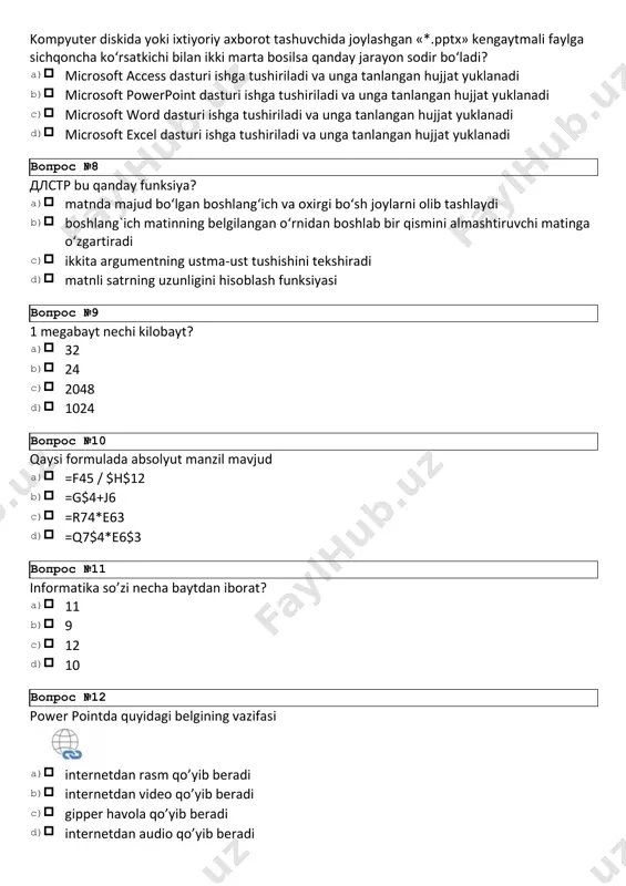 ternetdan video qo’yib beradi c)gipper havola qo’yib beradi d)internetdan audio qo’yib beradi вопрос №13 power point dasturining asoschilari kimlar? a)bob gastings, kasperskiy b)bob gastings, denis osting c)bill gtyts, kasperskiy d)bill gtyts, denis osting вопрос №14 ms excel 2019 versiyada «exp» qanday funksiya hisoblanadi? a)текстовые b)финансовые c)логические d)математические вопрос №15 ms excel 2019 versiyada «cos» qanday funksiya hisoblanadi? a)математические b)текстовые c)логические d)финансовые вопрос №16 microsoft excel dasturida jadvaldagi ustun sarlavxasiga sichqoncha ko’rsatkichi bilan bosilsa -nima sodir bo’ladi: a)ustun faollashadi b)ustun to’liq belgilanadi c)kursor tanlangan ustunga urnatiladi d)ustunning ekranda ko’ringan qismi belgilanadi вопрос №17 diapazon - bu: a)jadvalda to’g’riturtburchak shaklini xosil qiluvchi barcha yacheykalar to’plami b)jadvalda bitta ustunni barcha yacheykalari c)jadvalda bitta qator va bitta ustunni xamma yacheykalari to’plami d)mumkin bo’lgan kiymatlar to’plami вопрос №18 qaysi buyruq vazifa menejerini (диспетчер задач) ochadi? a)alt+f2 b)ctrl+alt+delete c)numberlock d)capslock вопрос №19 elektron jadvalda a1 yacheykaga 5 soni, b1 yacheykaga=a1*2 formula, с1 yacheykaga=сумм(a1:b1)+2 formula kiritilgan. c1 …