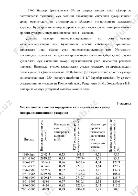 ҳини пасайтириш мақсадида суғориладиган ерлар оралиғидаги ва атрофларидаги кўлларни туташтиривчи коллектор қурилди. бу даврда коллектор ва дренажлардаги оқава сувлар минерализацияси ер ости сувлари минерализациясидан кам (1-жадвал). дренаж сувлари минерализациясининг ер ости сувлари минерализациясидан кам бўлишининг асосий сабаблари: биринчидан, вилоятдаги ички кўллар суви минерализациясининг кам бўлганлиги, иккинчидан, коллектор ва дренажлардаги оқава сувларни қабул қилиб олувчи кўллардаги сув сатҳининг юқори бўлганлигидан улар димланган режимда ишлаган. натижада, тупроқ қатламидаги сувлар коллектор ва дренажлардаги оқава сувларга қўшила олмаган. 1960–йиллар ўрталарига келиб ер ости сувлари минерализацияси 1950 йилларга нисбатан 1.4–1,7 баробар камайди. бу ер ости сувларининг чучуклашуви рачинский а.а., рещеткина н.м., ходжибаева н.н. ишларида «чучук (подушка) қатлам» номини олди. 1- жадвал хоразм вилояти коллектор–дренаж тизимидаги оқава сувлар минерализациясининг ўзгариши йиллар вилоятга олинган сув. (млн.м3) каналдаги сув минерализацияси. (г/л) кдт орқали чиқориб юборилган сув (млн.м3) коллектор-дренаж тизимларидаги оқава сув минерали-зацияси (г/л) дренаж сувларининг ер ости сувларига нисбати (%) 1960 йил 2403,5 0,73 143,8 6,71 95,9 1961-1965 …