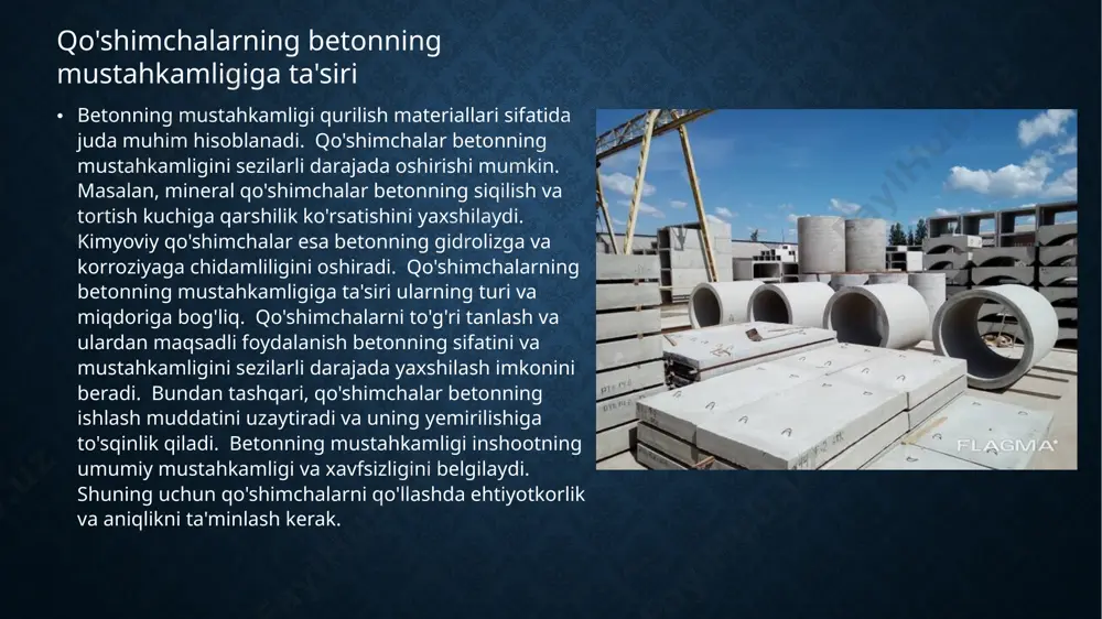 lar va zamonaviy uskunalar zarur. qo'shimchalarning sinov usullari qo'shimchalarning xossalarini saqlash uchun ularni to'g'ri saqlash shartlari juda muhimdir. qo'shimchalar namlik, yuqori harorat va quyosh nurlaridan himoyalangan quruq joyda saqlanishi kerak. saqlash shartlariga rioya qilmaslik qo'shimchalarning sifatini pasaytirishi mumkin. har bir qo'shimchaning o'ziga xos saqlash muddati mavjud. qo'shimchalarni saqlash muddati o'tib ketgandan keyin ularni ishlatmaslik kerak. saqlash jarayonida qo'shimchalarning holati muntazam ravishda nazorat qilinishi kerak. to'g'ri saqlash shartlariga rioya qilish qo'shimchalarning sifatini saqlashga va ularning samaradorligini ta'minlashga yordam beradi. bu esa qurilish materiallarining sifati va ishonchliligini ta'minlashga hissa qo'shadi. qo'shimchalarning saqlash shartlari qurilish materiallariga qo'shilgan qo'shimchalar materiallarning xossalarini sezilarli darajada yaxshilashga yordam beradi. ularning turiga va miqdoriga qarab, materiallarning mustahkamligi, suv o'tkazmaydiganligi, muzlashga chidamliligi va boshqa ko'rsatkichlar yaxshilanadi. qo'shimchalarning to'g'ri tanlanishi va qo'llanilishi qurilish inshootlarining sifati va uzoq muddatli ishlashini ta'minlashda muhim rol o'ynaydi. qo'shimchalarning ekologik jihatlari va xarajatlarga ta'siri ham hisobga olinishi kerak. qo'shimchalarni qo'llashdan oldin ularning xususiyatlari va qo'llanilish …
