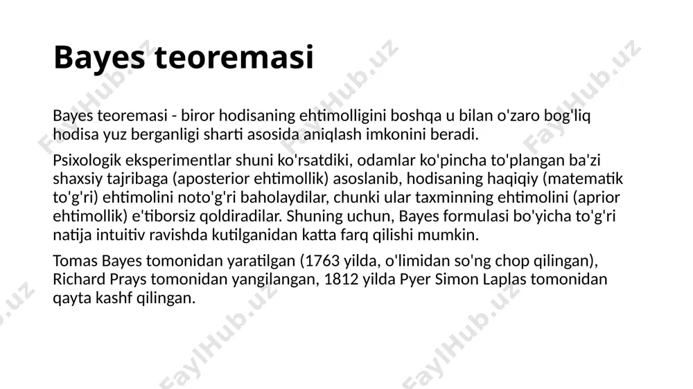 ingan deb hisoblanadi. bernulli sodda bayes berilganlar binar (0 va 1) deb hisoblanadi. sodda bayes klassifikatori ck – sinflar, x=(x1, …, xn) n ta alomatlar vektori bilan tavsiflangan, sinfi aniqlanishi zarur bo'lgan obyekt berilgan bo'lsin. bayes teoremasi orqali shartli ehtimollikni quyidagicha yozish mumkin: amaliyotda ushbu kasrning faqat surati muhim. chunki, mahrajdagi ifoda c ga bog'liq emas, x esa berilgan, ya'ni mahraj = const. surati esa quyidagicha: sodda bayes klassifikatori keyin "sodda" tushunchasi sharti kiritiladi: barcha x alomatlar o'zaro mustaqil va faqat ck kategoriyaga bog'liq: natijada quyidagicha yakuniy formula hosil bo'ladi: ehtimollik modelidan klassifikator modeli quriladi: arifmetik to'lib ketish muammosi ma'lumotlar yetarlicha ko'p bo'lganda arifmetik to'lib ketish muammosi paydo bo'ladi. bundan qutulish uchun ko'pincha logarifm hossasidan foydalaniladi: logab = loga + logb natijada klassifikator quyidagi ko'rinishga keladi: spamni filtrlash masalasi hujjatlarni klassifikatsiyalash masalasi, xususan electron pochtaga kelgan xatning spam (s) yoki spam (¬s) emasligini aniqlash masalasi berilgan bo'lsin. hujjatning i-so'zi c …