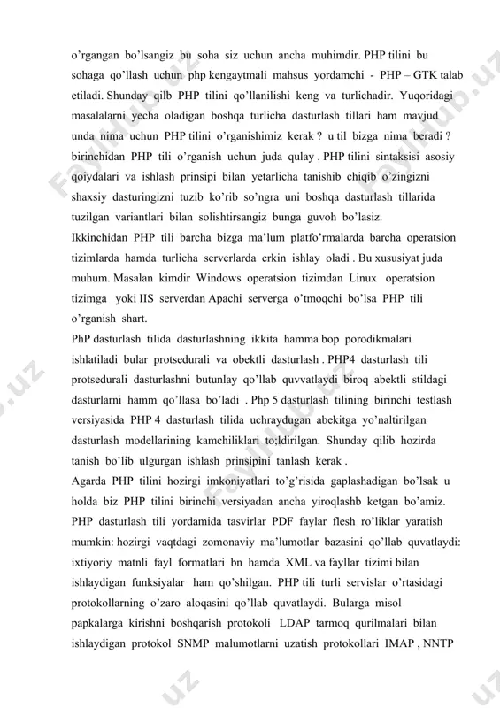 digan distriputif lari mavjud. bnday distriputiflar ichida keng tarqalgani denver (http://dklap.ru/chicken/veb/) uni o’rnatishni o’rganish uchun veb mutaxasislar saytlariga murojat qilish kerak. denverni ornatish juda oddiy hamda unga hech qanday bilim talab etilmasligini aytib o’tish kerak . bu distriputivni php tilini endigina o’rganayotgann yosh dasturchilar uchunn tavsiya qilamiz . 3. phpda ma’lumotlar bazalari bilan ishlash asosiy e’tibor ma’lumotlar bazasi bilan bog’lanishni o’rnatish so’rovlar jo’natish funiksiyalari va jovoblarni (mysql _connect mysql _query_mysql-result mysql - num rows mysql close) qayta ishlashga qaratiladi. misol sifatida vertual tarix muzeyi mamuriyati uchunn veb interfeys tuzish masalasini ko’raylik . php distiputivda mysql ma’lumotlar bazasi bilan ishlash uchun mo’ljallangan funksiyalar mavjud. bunda bu funksiyalarning mysql dagi bazi bir ma’lumotlar bazasini tasvirlash va to’ldirish maqsadida veb interfeyslarni tuzish imkonini beruvchi funiksiyalar bilan tanishamiz ma’luymlotlar bazasiga malumlotlarni qo’shish uchun veb interfeys bilan ishlashda bu malumotlarni shunchaki html fo’rmaga kiritish va ularni serverga jo’matish kerak bo’ladi. nomoish etishda bu interfeysnin virtual …
