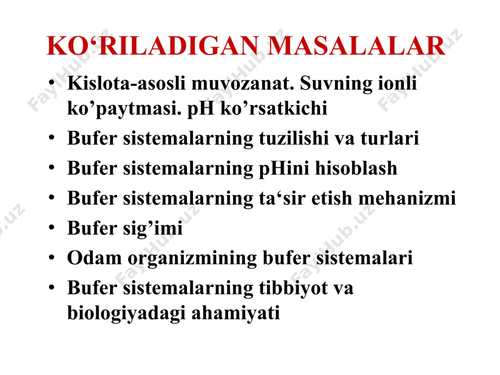 imi n ·v b = -------------- mmol ph1 - ph0 bu yerda: b - bufer sig’imi; mmol n - titrlovchi eritmaning molar ekvivalent konsentratsiyasi; mmol/l v - titrlovchi eritmaning hajmi; l ph0 - boshlang’ich muhit phi ph1 - ohirigi muhit phi organizmning bufer sistemalari gidrokarbonatli bufer sistema - qonning asosiy bufer sistemasi: h2co3 h+ + hco3- nahco3 na+ + hco3- oz miqdorda kuchli kislota qo’shilganda kuchsiz elektrolit h2co3 hosil bo’ladi: h+ + hco3- = h2co3 oz miqdorda kuchli asos qo’shilganda kuchsiz elektrolit h2o hosil bo’ladi: oh- + h+ = h2o organizmning bufer sistemalari fosfatli bufer sistema - hujayra ichidagi suyuqliklarning asosiy bufer sistemasi: nah2po4 na+ + h2po4- na2hpo4 2na+ + hpo42- oz miqdorda kuchli kislota qo’shilganda kuchsiz elektrolit h2po4- hosil bo’ladi: h+ + hpo42- = h2po4- oz miqdorda kuchli asos qo’shilganda kuchsiz elektrolit h2o va hpo42- hosil bo’ladi: oh- + h2po4- = h2o + hpo42- organizmning bufer sistemalari oqsilli bufer …