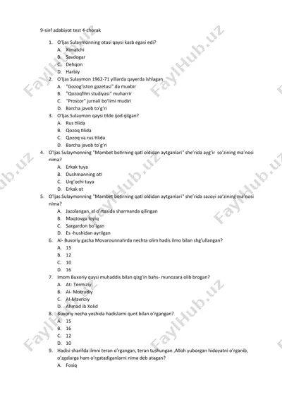 9-sinf adabiyot test 4-chorak — DOCX