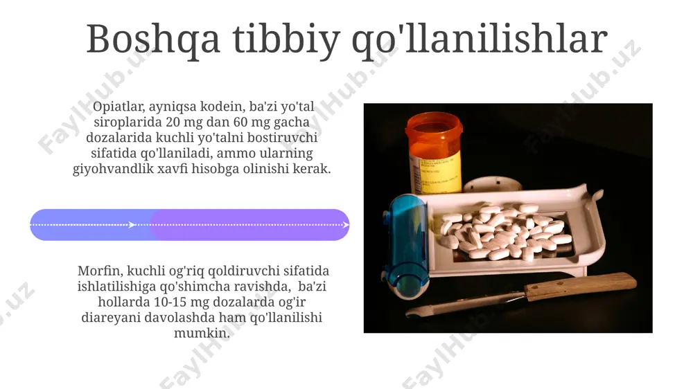ko'rsatkichni taqdim etish muhimdir. effektiv giyohvandlikka qarshi kurash strategiyasi, giyohvandlikka moyil bo'lgan shaxslar uchun 24/7 qo'llab-quvvatlash xizmatlarini o'z ichiga olgan holda, reabilitatsiya muolajalarining muvaffaqiyat darajasini 40% ga oshirishi mumkin. narkotiklarning zararli ta'siri: psixologik bog'liqlik giyohvand moddalarga ruhiy bog'liqlikning rivojlanishi o'rtacha 3-6 oy ichida sodir bo'ladi va miya neyrotransmitterlarining faoliyatini o'zgartirib, majburiy istaklarni keltirib chiqaradi. xavotir, depressiya va ijtimoiy izolyatsiya kabi psixologik muammolar giyohvandlikning rivojlanishiga hissa qo'shadi va qayta tiklanish jarayonini murakkablashtiradi, muvaffaqiyatsizlik darajasi 80% ga yetadi. opiatlar: tarixi va kelib chiqishi 19-asrda morfin kashf etilishi va uning keng qo'llanilishi giyohvandlik muammosini keskin kuchaytirdi, bu esa keyinchalik geroin va boshqa sintetik opioidlarning paydo bo'lishiga olib keldi. xashxash o'simligining 100 dan ortiq alkaloidlarini o'z ichiga olganligi, shundan faqat bir nechtasi kuchli analjezik ta'sirga ega ekanligi va boshqalari esa zaharli xususiyatlarga ega ekanligi ma'lum. e'tiboringiz uchun rahmat @taqdimot_robot image4.jpg image5.jpg image6.jpg image7.jpg image8.jpg image9.jpg image10.jpg image11.jpg image12.jpg image13.jpg image14.jpg image15.jpg image16.jpg image17.jpg image18.jpg …