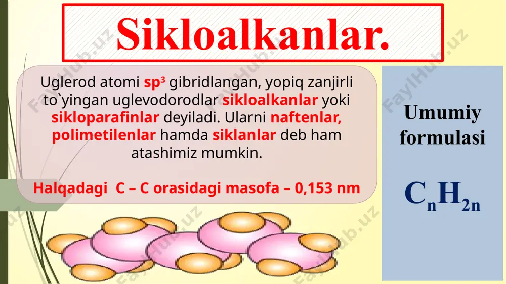 rtlarning beshta gidroksil gruppa saqlaydiganini — kversit, oltita gidroksil gruppa saqlaydigani — inozit deyiladi. ular o'stiruvchi moddalar sifatida ishlatiladi. organik kimyo fani o’qituvchisi: h.tilavov e’tiboringiz uchun rahmat образец текста второй уровень третий уровень четвертый уровень пятый уровень mustahkamlash uchun savollar образец текста второй уровень третий уровень четвертый уровень пятый уровень 1. sikloalkanlarni boshqacha yana qanday nomlari mavjud? образец текста второй уровень третий уровень четвертый уровень пятый уровень 2. sikloalkanlarda izomeryaning qanday turlari uchraydi? образец текста второй уровень третий уровень четвертый уровень пятый уровень 3. siklopropan tibbiyotda nima maqsadda ishlatiladi? образец текста второй уровень третий уровень четвертый уровень пятый уровень 4. sikloalkanlarni kim aniqlagan? образец текста второй уровень третий уровень четвертый уровень пятый уровень 5. geksaxlorsiklogeksan nima maqsadda ishlatiladi? образец текста второй уровень третий уровень четвертый уровень пятый уровень e’tiboringiz uchun rahmat образец текста второй уровень третий уровень четвертый уровень пятый уровень image1.png image2.jpeg image3.jpeg image4.gif image5.png image6.emf image7.emf image8.emf image9.emf …