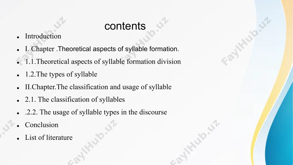 fundamental units of language that impact pronunciation, reading, and writing. mastering syllable rules and patterns enhances language skills and communication. continued exploration of syllables leads to a deeper understanding of linguistic structures and expressions. list of literature https://www.voyagersopris.com/vsl/blog/exploring-the-six-syllable-types stetson, r.h. (1951). speech and hearing: the expiratory theory of syllable formation. university of chicago press. jespersen, o. (1922). language: its nature, development and origin. allen & unwin. lobanov, v.g. (1998). english phonetics and phonology. st. petersburg university press. 14. halle, m., & vergnaud, j.r. (1987). theoretical aspects of phonology. mit press. thank you for your attention! name image3.png image7.jpeg image6.png image2.jpeg /docprops/thumbnail.jpeg