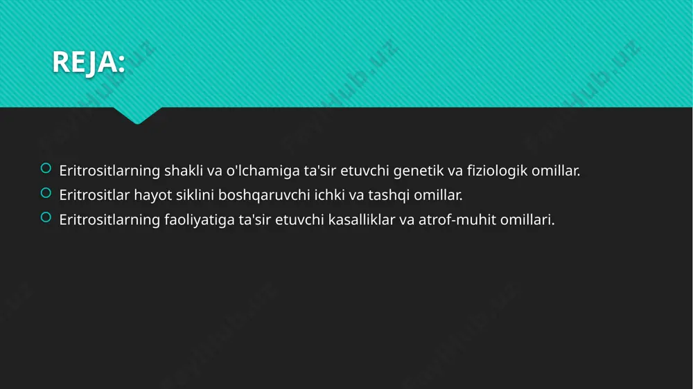 rayonlar va qonning kimyoviy tarkibi bilan bog'liq. eritrositlarning hayot sikli asosan suyak iligida boshlangan eritropoez jarayoni bilan boshqariladi. bu jarayonni eritropoetin (epo) hormoni boshqaradi, bu esa asosan buyraklar tomonidan ishlab chiqariladi. epo darajasi kislorod miqdoriga qarab o'zgaradi, ya'ni gipoksiya (kislorod yetishmovchiligi) holatida epo ishlab chiqarilishi ortadi, bu esa ko'proq yangi eritrositlarning ishlab chiqarilishiga olib keladi. eritrositlar o'rtacha 120 kun davomida qon aylanishida bo'ladi, so'ngra ularning membranalari eskiradi va bu holatda ular selektiv ravishda jigar va miltda parchalanadi. tashqi omillar, masalan, atrof-muhit sharoitlari, organizmning fiziologik holati va turli kasalliklar, eritrositlarning hayot siklini o'zgartirishi mumkin. masalan, yuqori balandlikda yashovchi yoki intensiv jismoniy faoliyat bilan shug'ullanuvchi odamlarning tanasida kislorod etishmasligi sababli eritropoetin darajasi oshadi, bu esa eritrositlarning ishlab chiqarilishini ko'paytiradi. yana bir tashqi omil sifatida infektsiyalar yoki qonga zarar yetkazuvchi toksik moddalar eritrositlarning qisqarishiga yoki ularning funksiyasining buzilishiga olib kelishi mumkin. shuningdek, qonda temir yoki vitaminlar yetishmovchiligi eritrositlarning samarali ishlashini pasaytiradi va ularning …