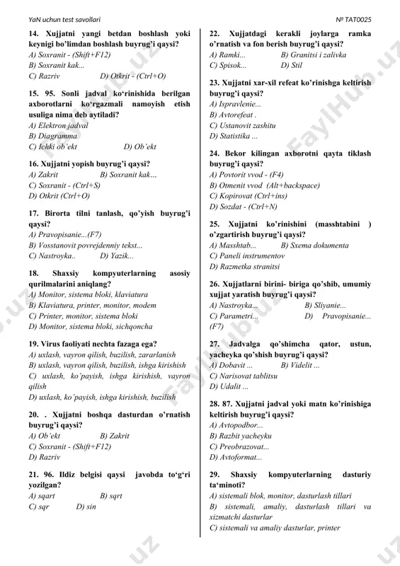 elektron doska b) skaner, plotter,multimediya, elektron doska, video ko’z c) skaner, maykrosoft ilova programmalari, plotter d) tarmoq tizimi, plotter, elektron doska, video ko’z 12. ekranni kengaytirish buyrug’i qaysi? a) vo ves ekran b) soxranit - (shift+f12) c) sozdat - (ctrl+n) d) soxranit kak... 13. 93. excel da kengaytma qanday bo‘ladi? a) ppt b) xls c) com d) exe 14. xujjatni yangi betdan boshlash yoki keynigi bo’limdan boshlash buyrug’i qaysi? a) soxranit - (shift+f12) b) soxranit kak... c) razriv d) otkrit - (ctrl+o) 15. 95. sonli jadval ko‘rinishida berilgan axborotlarni ko‘rgazmali namoyish etish usuliga nima deb aytiladi? a) elektron jadval b) diagramma c) ichki ob’ekt d) ob’ekt 16. xujjatni yopish buyrug’i qaysi? a) zakrit b) soxranit kak… c) soxranit - (ctrl+s) d) otkrit (ctrl+o) 17. birorta tilni tanlash, qo’yish buyrug’i qaysi? a) pravopisanie...(f7) b) vosstanovit povrejdenniy tekst... c) nastroyka.. d) yazik... 18. shaxsiy kompyuterlarning asosiy qurilmalarini aniqlang? a) monitor, sistema bloki, …