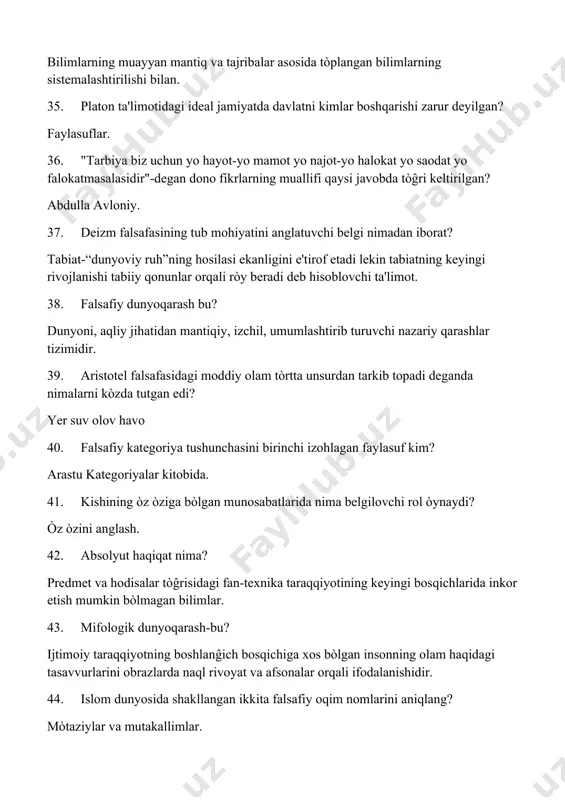 55. falsafada tabiat "ĝoyalar dunyosining" hosilasi degan ta'limot dastlab kim tomonidan asoslangan? platon. 56. abu nasr forobiy falsafaning predmeti va mazmuni deb nimani tushungan? barcha hollarda. 57. jamiyatning tabiatdan farq qilishiga sabab bòluvchi eng asosiy omil nimada? ijtimoiy qonunlar asosida rivojlanishida. 58. qonun nima? narsa va hodisalar òrtasidagi buzub bòlmas darajada òta mustahkam aloqadorliklar. 59. "avesto" ta'limoti bo'yicha ijtimoiy taraqqiyot va uning mezoni nima deb olingan? ilm-ma’rifatning rivojlanish darajasi. 60. dunyoni bilish mumkinligini tan oluvchi faylasuflar-... deb ataladi? 61. gnostiklar 62. odil jamoa va odil podshoh ĝoyasini òz asarlarida ilgari surgan markaziy osiyo mutaffakkiri va uning kitobining nomini kòrsating? forobiy "fozil odamlar shahri" 63. materializm bu? olamning asosida materiya ya'ni moddiy narsalar yotishini e'tirof etadigan, moddiylikni ustuvor deb biladigan ta'limot. 64. ilk qadimgi dunyoqarash shakli? diniy-mifologik 65. materiyaning falsafiy tushunchasi va uning asosiy xossasi? uning moddiyligida. 66. dualizm bu? olamning asosida ikkita asos ya'ni modda va materiya bilan birga ruh …