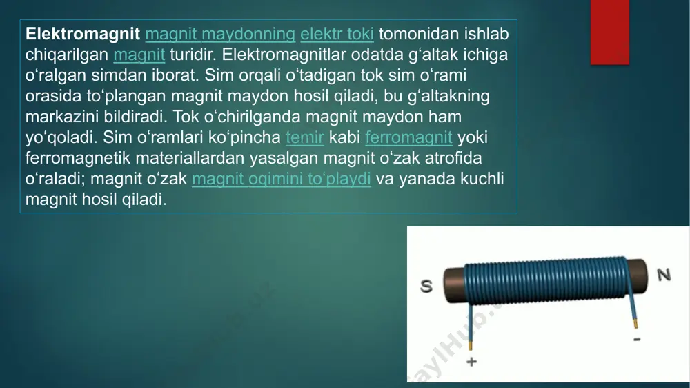 ʻzak ichidagi maydon yoʻnalishiga ishora qiladi. maydon chiziqlari chiqadigan magnitning tomoni shimoliy qutb sifatida belgilanadi. tokning har bir kichik segmenti uchun magnit maydonni beradigan boshqa tenglama bio-savar qonunidir . ferromagnit materiallarning magnit maydoni va kuchini hisoblash ikki sababga koʻra qiyin. birinchidan, maydonning kuchi nuqtadan nuqtaga murakkab tarzda oʻzgarib turadi, ayniqsa oʻzakdan tashqarida va havo boʻshliqlarida. ikkinchidan, b magnit maydoni va quvvati oqimning chiziqli boʻlmagan funksiyalari boʻlib, ishlatiladigan asosiy material uchun b va h oʻrtasidagi chiziqli boʻlmagan munosabatga bogʻliq. aniq hisob-kitoblar uchun chekli elementlar usuli yordamida magnit maydon modelini ishlab chiqaradigan kompyuter dasturlari qoʻllaniladi. tok oʻtkazuvchi halqaning magnit maydon chiziqlari halqa markazidan oʻtib, maydonni u yerda toʻplaydi. magnit oʻzak magnit oʻzakning materiali (koʻpincha temir yoki poʻlatdan yasalgan) kichik magnitlar kabi ishlaydigan kichik magnit domenlar iborat (qarang: ferromagnetizm). elektromagnitdagi tok yoqilishidan oldin, temir yadrosidagi domenlar tasodifiy yoʻnalishlarga yoʻnalgan boʻladi, shuning uchun ularning kichik magnit maydonlari bir-birini nollashtiradi gʻaltak orqali tok oʻtishi natijasida …