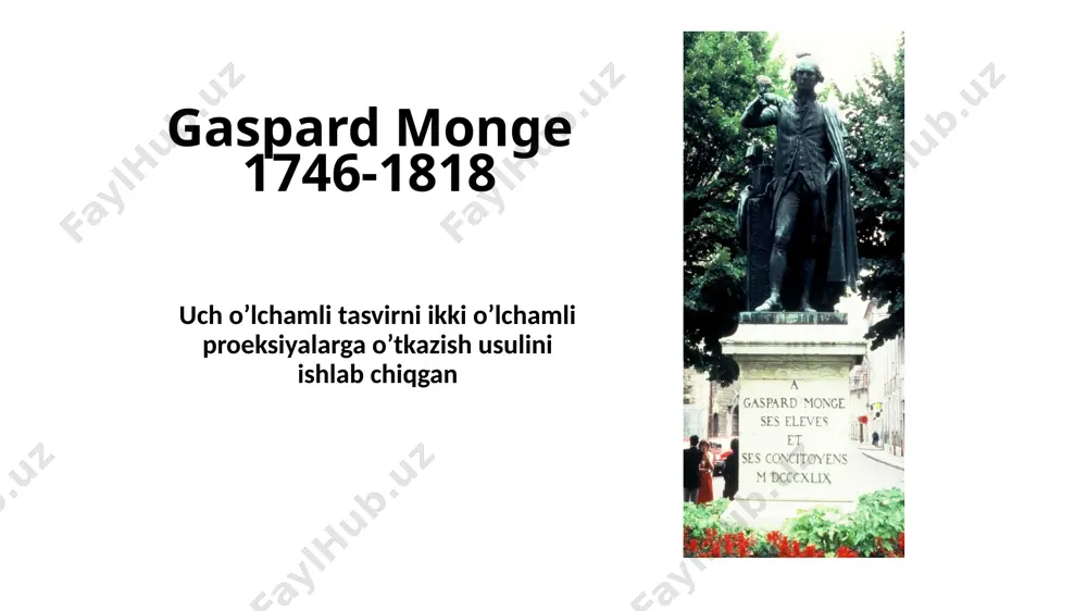 ataladi. shunga ko’ra, proyeksiyalash usuli asosan ikki xil bo’ladi. 1.markaziy proyeksiyalash usuli. 2. parallel proyeksiyalash usuli. bu usullarni alohida-alohida ko’rib chiqamiz. 1. markaziy proyeksiyalash usuli. ta’rif: agar proyeksiyalovchi nurlar fazodagi bitta nuqta orqali o’tsa va o’z yo’nalishida fazodagi geometrik ob’ektning nuqtalari orqali o’tib uni tekislikda proyeksiyasini hosil qilsa, u holda, bunday proyeksiyalash markaziy proyeksiyalash usuli deb ataladi. (·) s – proyeksiyalash markazi; p – proyeksiyalar tekisligi; (abc) – geometrik ob’ekt; [sa), [sb), [sc), [sd) -proyeksiyalovchi nurlar; [sd)׀׀p => [sd)∞ ∩ p = (·)dp; [sa) ∩p = (·)ap; [sb) ∩ p = bp; [sc) ∩ p = (·)cp; (apbpcp) – geometrik ob’ektning p – tekislikdagi markaziy proyeksiyasi. 1-chizma p a b c ap cp bp d ( )dp∞ s 1-chizmadan ko’rinib turibdiki, fazodagi geometrik ob’ekt siniq chiziqdan yoki ko’pburchakdan iborat bo’lsa, proyeksiyalash jarayonida piramida sirti hosil bo’ladi. markaziy proyeksiyalash usulidan foydalanib chizilgan tasvir perspektiva deyiladi va bu usul chizma geometriya fanining …