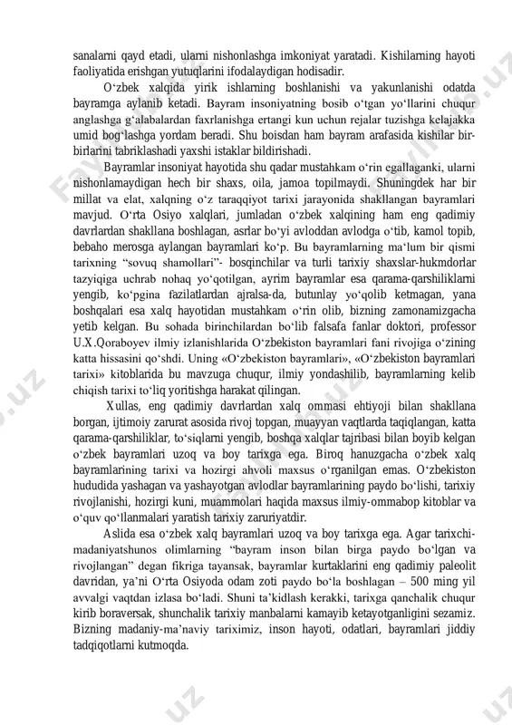 miy davrlardan boshlab inson hayotida termachilik ovchilik chorvachilik dehqonchilikka oid mehnat tajribalari bilan birga oʻyin raqslar shakllana boshlaydi. ongli mehnat va tajriba asosida turli oʻyinlar paydo bo‘ladi va taraqqiy etishi inson rivojlanishida ham muhim oʻrin tutadi. chunki o‘yinlar boshqalar tajribasidan, ilgʻorlar yutug‘idan, keksalar ibratidan, avlodlar merosidan samarali foydalanishga imkoniyat yaratgan. shuni alohida taʼkidlash kerakki marosim, sanʼat, ijod kabi madaniyat turlari shuning bilan birgalikda sport turlarini ham vujudga kelishida va rivojlanishida o‘yinlar o‘ta muhim rol oʻynagan. obrazli qilib aytganda o‘yin koʻpgina qadimiy madaniy turlarning jumladan raqs teatr sport kabilarning onasi hisoblanadi. dastlab oʻyin insonning rivojlanishi uchun kerak bo‘lgan bo‘lsa keyinchalik inson oʻyinni rivojlantirdi. 2. o‘zbek xalq bayramlarining paydo bo‘lishi. insoniyat yaralibdiki, uning turmush tarzida bayramlar alohida ahamiyatga ega bo‘lib kelmoqda. insoniyat hayotini bayramsiz, an’ana, marosim, urf-odatlarsiz tasavvur qilib bo‘lmaydi. “bayramlar jamiyatning ma’naviy go‘zalligini, xalqning yashash tarzi, turmush sharoitini dunyoga ko‘z-ko‘z qiluvchi asosiy vositadir. biror davlatda nishonlanayotgan milliy bayramlar yoki jahon miqyosidagi …