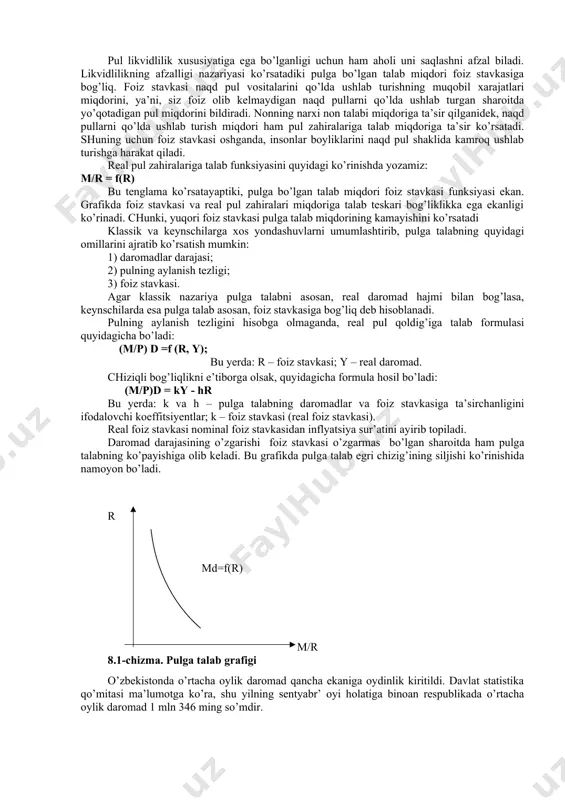 p · y (fisher tenglamasi), bundan: p · y m= ----------- v* p · y – nominal yaim miqdorini bildirishini va doimiy miqdorligini hisobga olsak, muomala uchun zarur bo’lgan pul miqdori ishlab chiqarilayotgan tovarlar va xizmatlar miqdori va ularning bahosi o’zgarishlariga, boshqacha aytganda, nominal yaim o’zgarishiga bog’liq. muomaladagi pul massasining o’zgarishi, klassik nazariyaga ko’ra, y sekin o’zgarishi tufayli asosan baholar darajasiga ta’sir ko’rsatadi. bu holat “pulning neytralligi” nomini olgan. monetaristlar qoidasiga ko’ra hukumat pul massasining o’sish sur’atini, real yammning o’rtacha o’sish sur’ati darajasida ta’minlab tursalar iqtisodiyotda baholar darajasi barqaror bo’ladi. fisher tenglamasidan tashqari bu tenglamaning boshqa bir shakli kembrij tenglamasidan ham keng foydalaniladi: m=k*py bu yerda: k= 1/v – pulning aylanish tezligiga teskari miqdor. k - koeffitsiyentni nominal pul miqdori (m)ning daromadlar (p·y)dagi ulushini ko’rsatadi. kembrij tenglamasi turli darajada daromadli bo’lgan turlicha moliyaviy aktivlar mavjudligini va daromadni ularning qaysi biri ko’rinishida saqlashni tanlash imkoniyati mavjudligini ko’zda tutadi. pulga real talab …