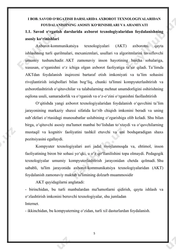 tadi. vasilyeva, axborot texnologiyalari quyidagilarga imkon beradi: - har bir o‘quvchiga o‘z ta’lim yo‘lini taqdim etadigan ochiq ta’lim tizimini yaratish; - o‘quvchilarning o‘quv jarayonini tashkil etishni tubdan o‘zgartirish, ularning tizimli tafakkurini shakllantirish; - o‘quv jarayoni jarayonida maktab o‘quvchilarining bilish faoliyatini oqilona tashkil etish; - o‘quvchilarning salmoqli qismini bir vaqtning o‘zida o‘qitish bilan qamrab olish, o‘qitishning yuqori sifatini ta’minlash; - olingan bilim va ko‘nikmalarni o‘zlashtirilganicha amaliyotda qo‘llash; - bilim va egallangan ko‘nikmalar darajasini izchil nazorat qilish; - talabalarning ijodiy qobiliyatlarini, tadqiqotchilik qobiliyatini, maqbul qarorlar qabul qilish qobiliyatini rivojlantirish; - o‘quv ma'lumotlarini taqdim etish imkoniyatlarini kengaytirish; - maktab o‘quvchilarida axborot bilan ishlash ko‘nikmalarini shakllantirish, muloqot ko‘nikmalarini rivojlantirish; - o‘rganish motivatsiyasini oshirish; - o‘quvchilarni o‘quv jarayoniga faol jalb etish; - talabalarning amaliy ko‘nikmalarini oshirishga hissa qo‘shish; - bolaga uning uchun o‘quv materialining maksimal miqdorini bering; - amaliy o‘quv vazifalari majmuasini kengaytirish; - talabalar faoliyati ustidan nazoratni sifat jihatidan o‘zgartirish; - talabani axborot jamiyati …