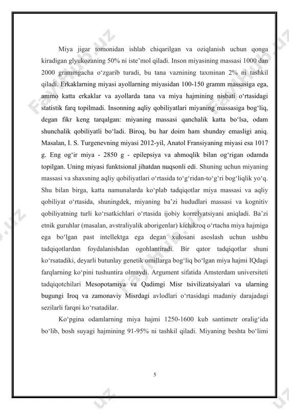 ya embrionning rivojlanishida dastlab miya kanalining oldida dastlabki uchta pufakcha hosil qiladi: · oldingi · oʻrta · rombsimon. embrion 3 haftaligida birinchi va uchinchi pufakchalar 2ga boʻlinadi, natijada pufakchalar soni 5ta boʻladi. bu beshta pufakchadan bosh miyaning beshta qismi rivojlanadi. birinchi pufakcha oldingi miya deyilib, bundan bosh miya katta yarim sharlari rivojlanadi. ichidagi boʻshliq yon qorinchalarga aylanadi. ikkinchi pufakcha oraliq miya deyilib, bundan koʻrish boʻrtiqlari, boʻrtiq osti qism rivojlanadi. ichidagi boʻshliq 3 – qorinchaga aylanadi. uchinchi pufakchadan oʻrta miya rivojlanadi. ichidagi boʻshliq silviyev kanaliga aylanadi. toʻrtinchi pufakchadan keyingi (orqa) miya rivojlanadi. beshinchi pufakchadan uzunchoq miya rivojlanadi. 4-5 – pufakchalar boʻshligʻi 4 – qorinchaga aylanadi. embrion 5 oyligida bosh miya katta yarim sharlarida egatchalar – chuqurchalar hosil boʻla boshlaydi. 6 oylikda yarim sharlar bosh miya sopini oʻrab turadi. yangi tugʻilgan bolada barcha nerv hujayralari boʻladi. lekin ular mayda, anotomik – fiziologik jihatdan rivojlanmagan boʻladi. neyronlar oʻsib, yiriklashib, oʻsimtalarini, shaklini oʻzgartirib boradi. …
