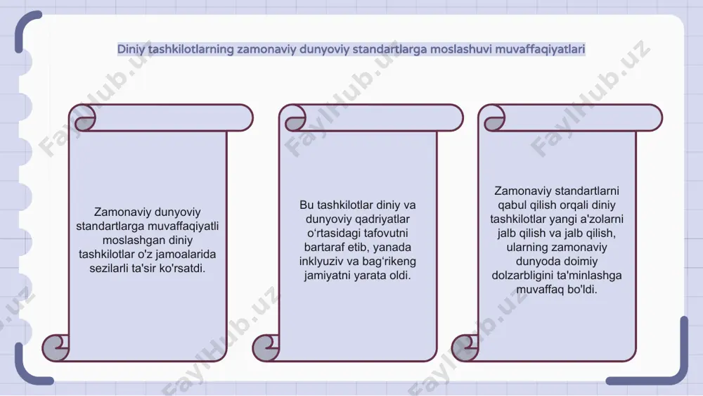 rivojlantirishi mumkin. diniy tashkilotlarning moslashuvining gender tengligiga ta'siri zamonaviy dunyoviy standartlarga moslashgan diniy tashkilotlar gender tengligiga sezilarli ta'sir ko'rsatdi. moslashish orqali ushbu tashkilotlar an'anaviy gender rollariga qarshi chiqdilar va tenglik va inklyuzivlikni targ'ib qilish yo'lida ishladilar. bu diniy jamoalarda ayollarning huquqlari va imkoniyatlarini yanada kengroq tan olishga olib keldi. zamonaviy dunyoviy standartlarning diniy erkinlikka ta'siri diniy tashkilotlarning zamonaviy dunyoviy standartlarga moslashuvi diniy erkinlikka katta oqibatlarga olib kelishi mumkin. diniy tashkilotlar o'z amaliyotlarini zamonaviy dunyoviy standartlarga moslashtirsa, bu jamiyatda turli diniy e'tiqodlarning qabul qilinishi va integratsiyalashuviga olib kelishi mumkin. biroq, bu dunyoviy standartlarga moslashish ba'zi diniy urf-odatlar va an'analarning susayishi yoki yo'qolishiga olib kelishi mumkin. turli mamlakatlardagi diniy tashkilotlarning moslashuvini taqqoslash diniy tashkilotlarning zamonaviy dunyoviy standartlarga moslashuvining ta'siri mamlakatga qarab juda farq qilishi mumkin. ayrim mamlakatlarda diniy tashkilotlar zamonaviy dunyoviy standartlarga moslashishda muvaffaqiyat qozonishdi, natijada ularning qabul qilinishi va ahamiyati ortdi. biroq, boshqa mamlakatlarda diniy tashkilotlarning zamonaviy dunyoviy standartlarga moslashishiga qarshilik …