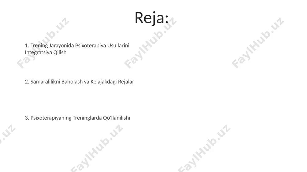 hg'ulotlar guruh psixoterapiyasi, 5-10 kishidan iborat kichik guruhlarda o‘tkazilganda, ishtirokchilar o‘rtasida kuchliroq aloqa va o‘zaro qo‘llab-quvvatlash muhitini yaratadi, bu esa samaradorlikni oshiradi. mashg'ulotlarda guruh psixoterapiyasi usullaridan foydalanish, masalan, rollarni o'ynash yoki fikrlarni almashish orqali, muloqot ko'nikmalarini rivojlantirishga va jamoaviy ishlash samaradorligini 20% ga oshirishga yordam beradi. individual psixoterapiya va mashg'ulotlarning o'ziga xos xususiyatlari mashgʻulotlar jarayonida, individual psixoterapiyadan farqli ravishda, 5-10 kishidan iborat guruhlarda oʻzaro taʼsir va qoʻllab-quvvatlash muhiti yaratiladi, bu esa ijtimoiy ko'nikmalarni rivojlantirish va oʻxshash tajribalarga ega odamlar bilan bogʻlanish imkonini beradi. individual psixoterapiya va guruh mashgʻulotlarida qoʻllaniladigan texnikalar farq qilishi mumkin; masalan, individual psixoterapiyada chuqur psixodinamik yondashuvlar, guruh mashgʻulotlarida esa koʻproq kognitiv-xulq terapiyasi elementlari qoʻllanilishi mumkin, bu 2-3 oylik kurs davomida sezilarli natijalar beradi. psixoterapiya va mashg'ulotlarning samaradorligini baholash psixoterapiyaning samaradorligini baholashda, 5 ball shkalasi bo'yicha o'z-o'zini baholash va klinik baholash usullari qo'llanilib, 80% dan yuqori natijalarga erishilganligi kuzatildi. mashg'ulotlarning samaradorligini o'lchashda, ishtirokchilarning bilimlarini tekshirish uchun testlar o'tkazilib, …