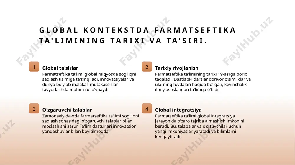 3 hamkorlik imkoniyatlari xalqaro universitetlar bilan hamkorlik orqali o'zbekistonda farmatseftika ta'limi sifatini oshirish va global standartlarga moslashtirish maqsad qilinmoqda. xulosa 01 farmatseftika ta'limi rivoji farmatseftika ta'limining rivoji, tarixiy bosqichlar va muammolarni o'rganish orqali zamonaviy o'quv dasturlarining ahamiyatini anglash imkonini beradi. 02 innovatsion yondashuvlar o'zbekistonda farmatseftika ta'limida innovatsion yondashuvlar, global tajribalarni hisobga olgan holda ta'lim sifatini oshirish va o'quvchilarning qobiliyatlarini rivojlantirishga yordam beradi. 03 global standartlarga moslik o'quv dasturlarining global standartlarga moslashtirilishi, xalqaro hamkorlikni kuchaytirib, farmatseftika sohasidagi o'qitish sifatini va raqobatbardoshligini oshiradi. e'tiboringiz uchun rahmat! /docprops/thumbnail.jpeg