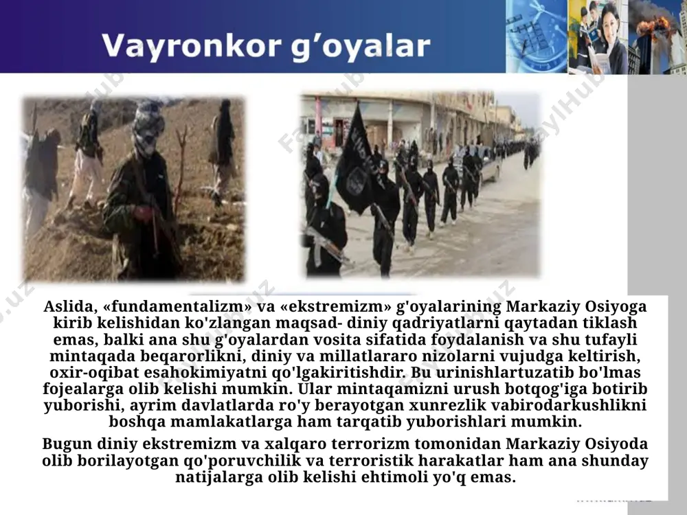 imperiyaga birlashtirishga qaratilgan intilishlar; — yosh mustaqil davlatlarni qaytadan sobiq ittifoqqa birlashtirish g‘oyasi; — tariximizni, milliy qadriyatlarimiz va dinning mohiyatini soxtalashtirishga urinishlar; — axloqsizlikni yoyib, xalqni ma’naviy jihatdan buzishga qaratilgan intilishlar; — turli mafkuraviy vositalar orqali mintaqaviy va davlatlararo mojarolar keltirib chiqarishga qaratilgan xarakatlar. hozirgi voqe’likda milliy istiqlol g‘oyasi va yot mafkuralar orasidagi munosabatlar mafkuraviy kurash, mafkuraviy qarshi turish, psixologik urush shakllarida kechmoqda. yot mafkuralar mafkuraviy kurashlarning ming yillik uslublarini, shuningdek, zamonaviylashtirilgan uslublari: axborot maydonini egallab olish, mafkuraviy diversiya, siyosiy indoktrinastiya, mafkuraviy infiltastiya, dezorientastiya, mafkuraviy qo‘poruvchilik harakatlarini qo‘llash orqali xalqimizda o‘zbekistonning buyuk kelajagiga ishonchsizlik uyg‘otishga, davlat siyosatini obro‘sizlantirishga, odamlarni o‘zini vatan, millat himoyasidan chetga tortishga, loqaydlikka erishishga intiladilar. foydalanilgan adabiyotlar. 1. karimov i. o‘zbekiston xx1 asr bo‘sag‘asida: xavfsizlikka tahdid, barqarorlik shartlari va taraqqiyot kafolatlari. t.: o‘zbekiston, 1997. 2. karimov i.a. jamiyat mafkurasi xalqni-xalq, millatni millat qilishga xizmat etsin. t.: o‘zbekiston, 1998. 3. karimov i. miliy istiqlol mafkurasi-xalq e’tiqodi va buyuk …