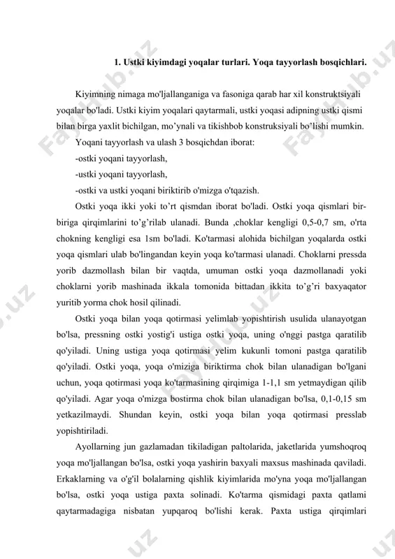solinadi. ko'tarma qismidagi paxta qatlami qaytarmadagiga nisbatan yupqaroq bo'lishi kerak. paxta ustiga qirqimlari to’g’rilanib qotirma qo'yiladi. maxsus mashinada ostki yoqaning o'nggidan, uning qirqimidan 0,7 sm masofada gir aylantirib bostirib ko'klanadi. ostki yoqa dazmolda yoki pressda dazmollanib, konstruktsiyaga muvofiq shakl beriladi. ustiga andaza qo'yib bo'rlanadi va qirqimlarini aniqlab qirqish bilan bir vaqtda yoqa ko'tarmasida bir necha kertik hosil qilib, yoqa o'miziga ulash joyi belgilab olinadi. 2.ustki yoqani ostki yoqaga ulash. ustki yoqa va ostki yoqa ag'darma chok bilan ulanadigan bo'lsa, ular teskari tomonlari tashqariga qaratib juftlanadi. bunda, ustki yoqa ostki yoqaga nisbatan yon tomonlarda 0,3-0,4 sm, qaytarma qirqimi bo'ylab esa 0,7 sm ortiqroq chiqib iurishi kerak. ustki yoqa, ostki yoqaga, yoqa uchlarida 0,5-0,6 sm salqi hosil qilib, bostirib ko'klanadi. salqi dazmollab kirishtiriladi. andaza qo'yib ag'darma chok chizig'i belgilab olinadi. yoqa ostki yoqa tomondan mashinada ag'darma chok bilan tikiladi. ag'darma chok dazmol yoki pressda yorib dazmollanadi. yoqa burchaklarida 0,2-0,3 sm chok haqi …