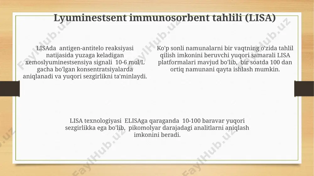 ovlarga ega boʻlishi mumkin. lyuminestsent tahlillar real vaqtda monitoringni ta'minlaydi, 1 soniyadan kam vaqt ichida natijalarni beradi, ammo tahlilning aniqligi namunaviy tayyorlash usuliga bog'liq. lyuminestsent tahlil usullari yuqori sezgirlikka ega boʻlib, 10⁻¹² mol/l gacha boʻlgan konsentratsiyalardagi moddalarni aniqlash imkonini beradi, ammo natijalar namunadagi interferensiyalarga sezgir boʻlishi mumkin. fosforestsentsiya spektroskopiyasi ushbu usul yordamida turli xil materiallarning 300 dan 800 nm gacha bo'lgan spektral diapazonida fosforestsentsiya spektrlarini o'lchash va tahlil qilish mumkin. fosforestsentsiya spektroskopiyasi, moddaning 10⁻³ dan 10 s gacha davom etadigan uzun umrli lyuminestsensiyasini o'rganishga imkon beradi va bu jarayonni tavsiflovchi kinetik parametrlarni aniqlashga yordam beradi. fosforestsentsiya spektroskopiyasi qo'llanilishi biologiya, tibbiyot va muhandislik sohalarida, masalan, 10⁻⁶ mol/l konsentratsiyali moddalarni aniqlashda qo'llaniladi. biolyuminestsent tahlil usullari biolyuminestsent tahlil usullari, atp (adenozin trifosfat) miqdorini o'lchash orqali mikroorganizmlar sonini aniqlashda qo'llaniladi, bu usul 10 3 -10 6 hujayra/ml oralig'idagi kontsentratsiyalarni aniqlashga imkon beradi. biolyuminestsent immunosorbent tahlili (elisa) usuli, antigen-antitelo reaksiyalarida biolyuminestsent markerlar yordamida 1 ng/ml …