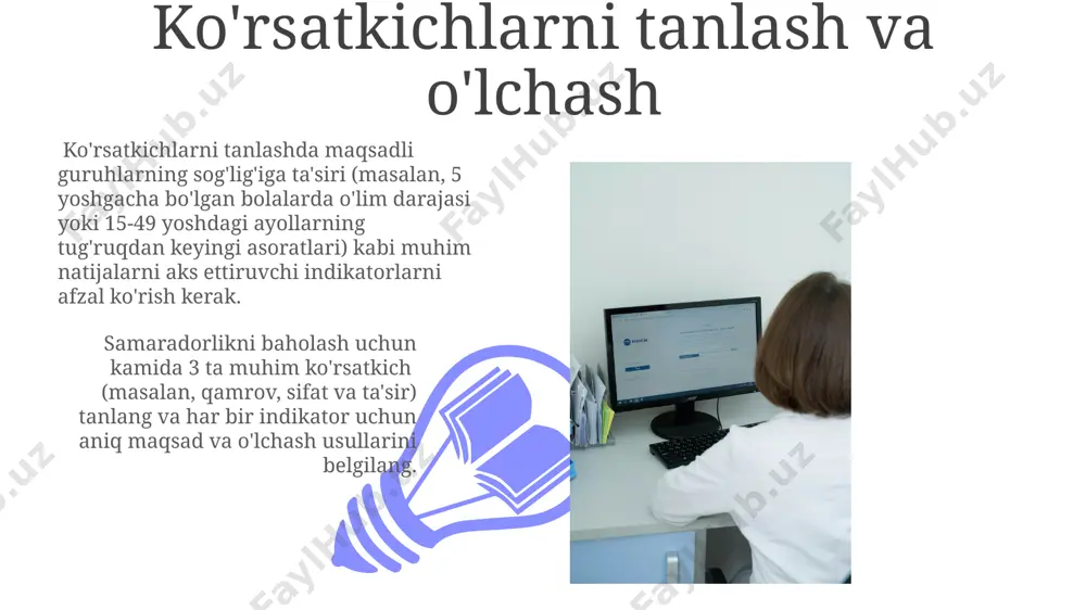yo'naltirish bo'yicha aniq ko'rsatkichlar belgilandi va monitoring olib boriladi. dasturning samaradorligini baholashda 5 ta asosiy ko'rsatkich (salomatlik ko'rsatkichlari, qamrov, samaradorlik, samaralilik va barqarorlik)dan foydalaniladi va har yili hisobot beriladi. yangi texnologiyalarni qo'llash aqlli tibbiyot qurilmalaridan foydalanish orqali yig'ilgan ma'lumotlarni tahlil qilish bilan sog'liqni saqlash tizimining samaradorligini 15-20% ga oshirish mumkin. yangi texnologiyalar, xususan, telekmeditsina orqali 30% gacha masofaviy monitoringni amalga oshirish va bemorlarning sog'lig'ini kuzatish imkoniyatini yaratadi, bu esa resurslarni tejaydi va samaradorlikni oshiradi. tugallangan ishlarning monitoringi va baholashining ahamiyati 01 02 monitoring va baholash natijalari, kelgusi sog‘liqni saqlash dasturlarini rejalashtirishda muhim rol o‘ynab, 80% ga yaqin aniqlik bilan resurslarni maqsadli sarflash imkonini beradi. sales 1st qtr 2nd qtr 100 0 sales 1st qtr 2nd qtr 100 0 monitoring va baholash natijalarining qo'llanilishi kamida 3 ta sog'liqni saqlash muassasalarida o'tkazilgan monitoring va baholash natijalari, xodimlar malakasini oshirish bo'yicha 15 ta tavsiyani ishlab chiqishga yordam berdi. monitoring va baholash natijalari 5 …