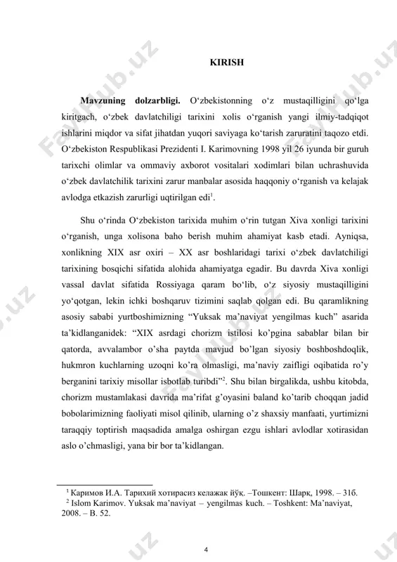 jtimoiy- siyosiy, iqtisodiy va madaniy hayotida yosh xivaliklar vakillarining tutgan o‘rni ahamiyatini ochib berishdan iborat. mavzuning o‘rganilishi darajasi. o‘rganilayotgan mavzu doirasidagi yaratilgan tadqiqotlar, adabiyotlar, maqolalar ro‘yxatini tahlil qilish natijasida ular quyidagi guruhlarga bo‘lindi: 1. sovet davri tadqiqotlari; 2. mustaqillik davrida amalga oshirilgan ilmiy ishlar. birinchi guruhga mansub tadqiqotlar1 asosan, sovet davrida olib borilgan ilmiy adabiyotlar, monografiya va boshqa turdagi ilmiy ishlar kiradi. bunday tadqiqotlar asosan, m. yo‘ldoshev, g.nepesov, t. tuxtametov, k.muhammadberdiev, i.v.pogorelskiy, n.qalandarov, va boshqalar tomonidan qilingan. ikkinchi guruhga oid ishlar asosan mustaqillik yillarida o‘zbekiston tarixini xolis o‘rganish imkoniyati tufayli, yangicha tarixiy ilmiy-metodologik nazariyalar asosida ilmiy tadqiqot ishlari bajarildi. mustaqillik davrida olib borilgan ilmiy tadqiqotlarda turkiston, xiva, buxoro jadidlari, shu bilan birgalikda xiva xonligidagi ijtimoiy- iqtisodiy, siyosiy hayot, ayrim ma’rifatparvarlarning ijtimoiy-siyosiy faoliyati muhim ahamiyat kasb etganligi o‘z isbotini topdi2. ayniqsa, d.alimova3, s.ahmedov4, q.rajabov5, 1 м. йўлдошев. хива хонлигида феодал ер эгалиги ва давлат тузилиши. – тошкент, 1959.; г.непесов. из истории …